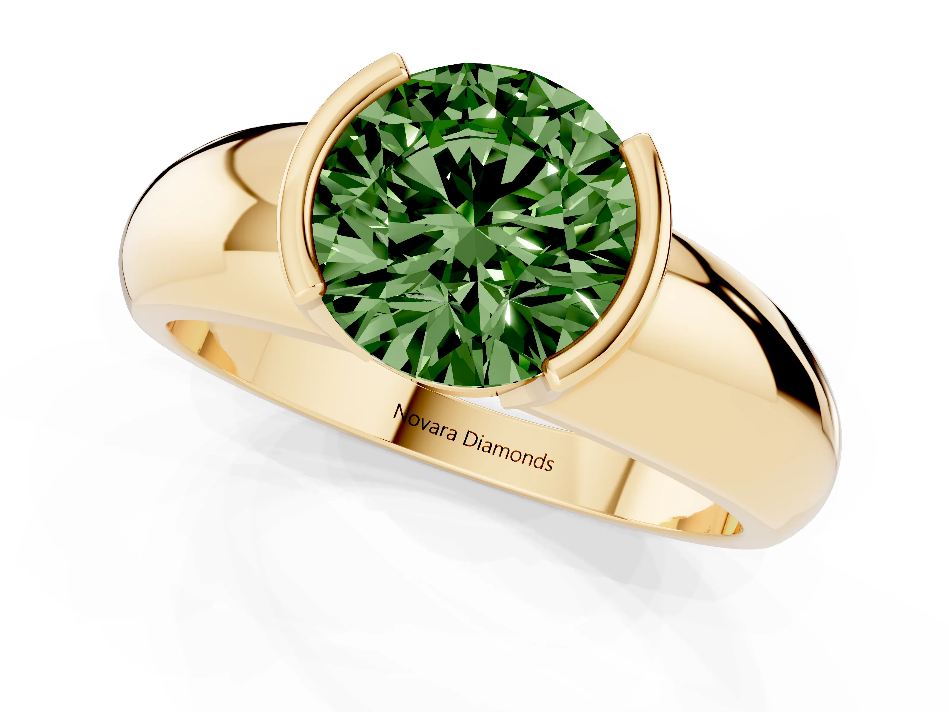 Fancy Green Round Cut Diamond Solitaire Tension Set Ring Set in Yellow gold with Wide Band