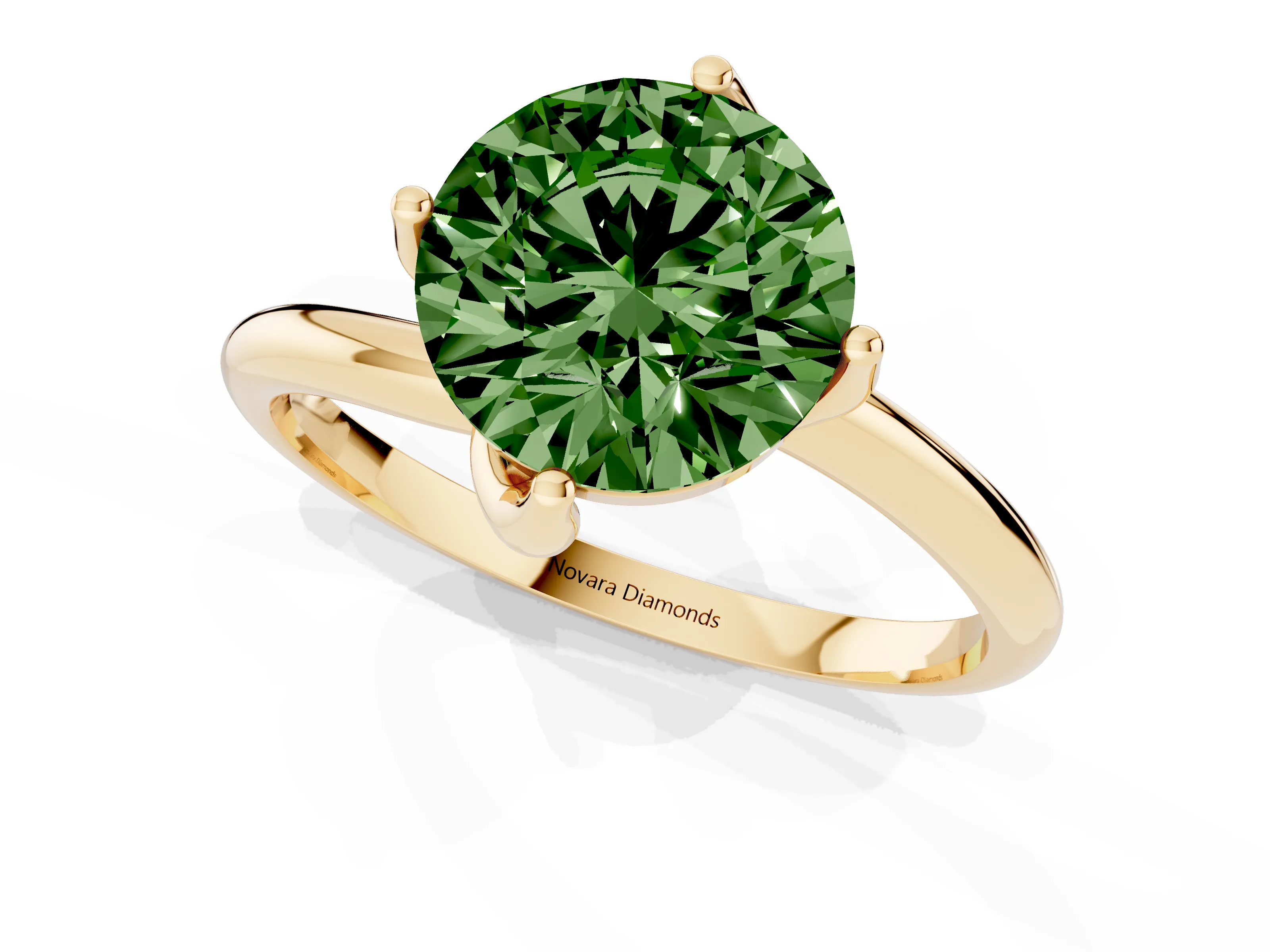 Fancy Green Round Cut Diamond Solitaire Engagement Ring Set in Yellow gold with Classic Plain Band