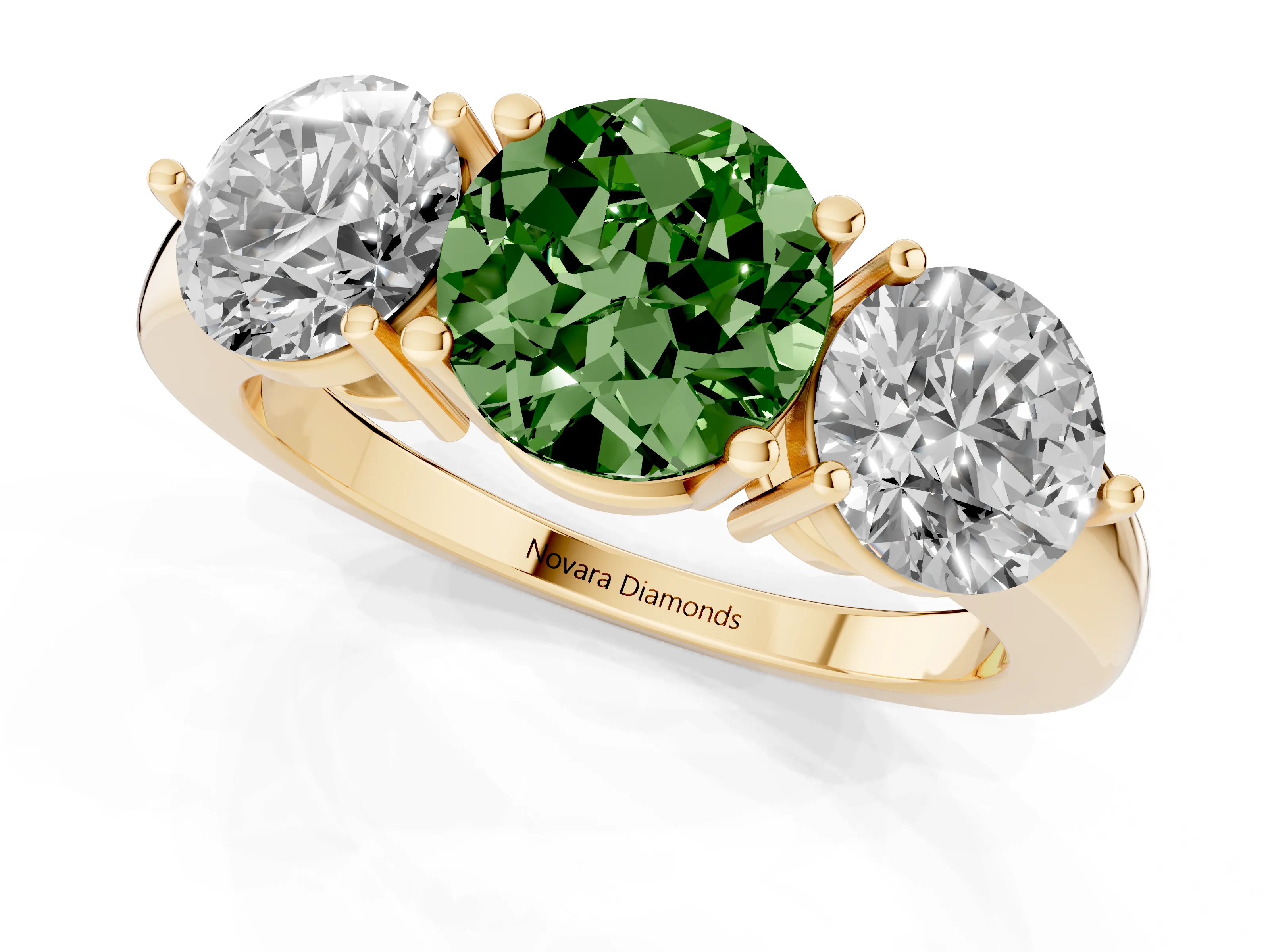 Fancy Green Round Cut Diamond Three-Stone Ring Set in Yellow gold with Prong Setting and Plain Band