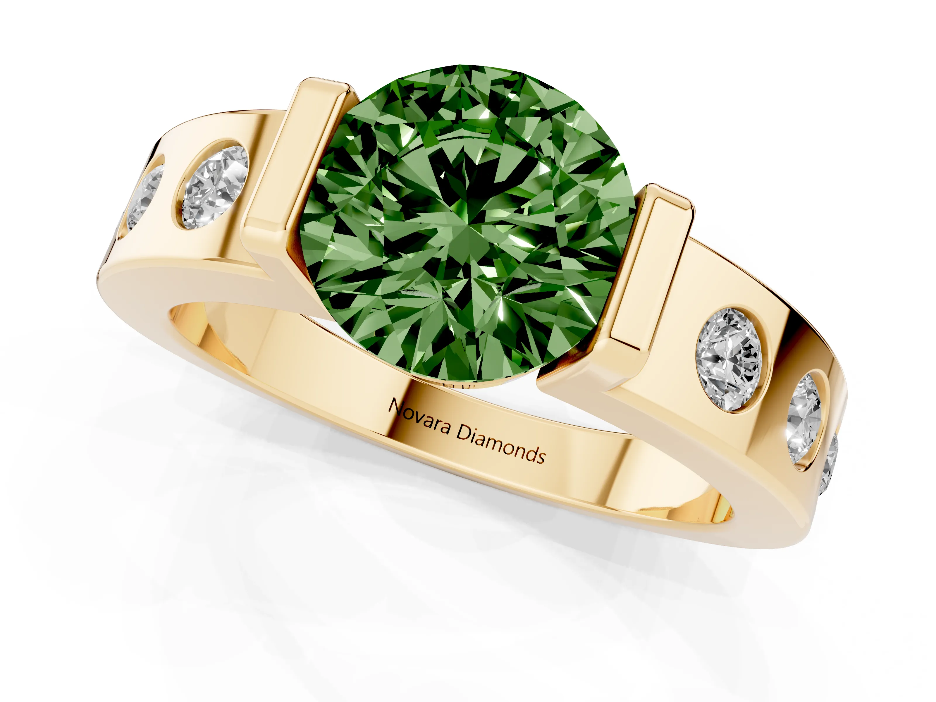 Fancy Green Round Cut Diamond Channel-Set Band Ring Set in Yellow gold with Bezel Prong Setting