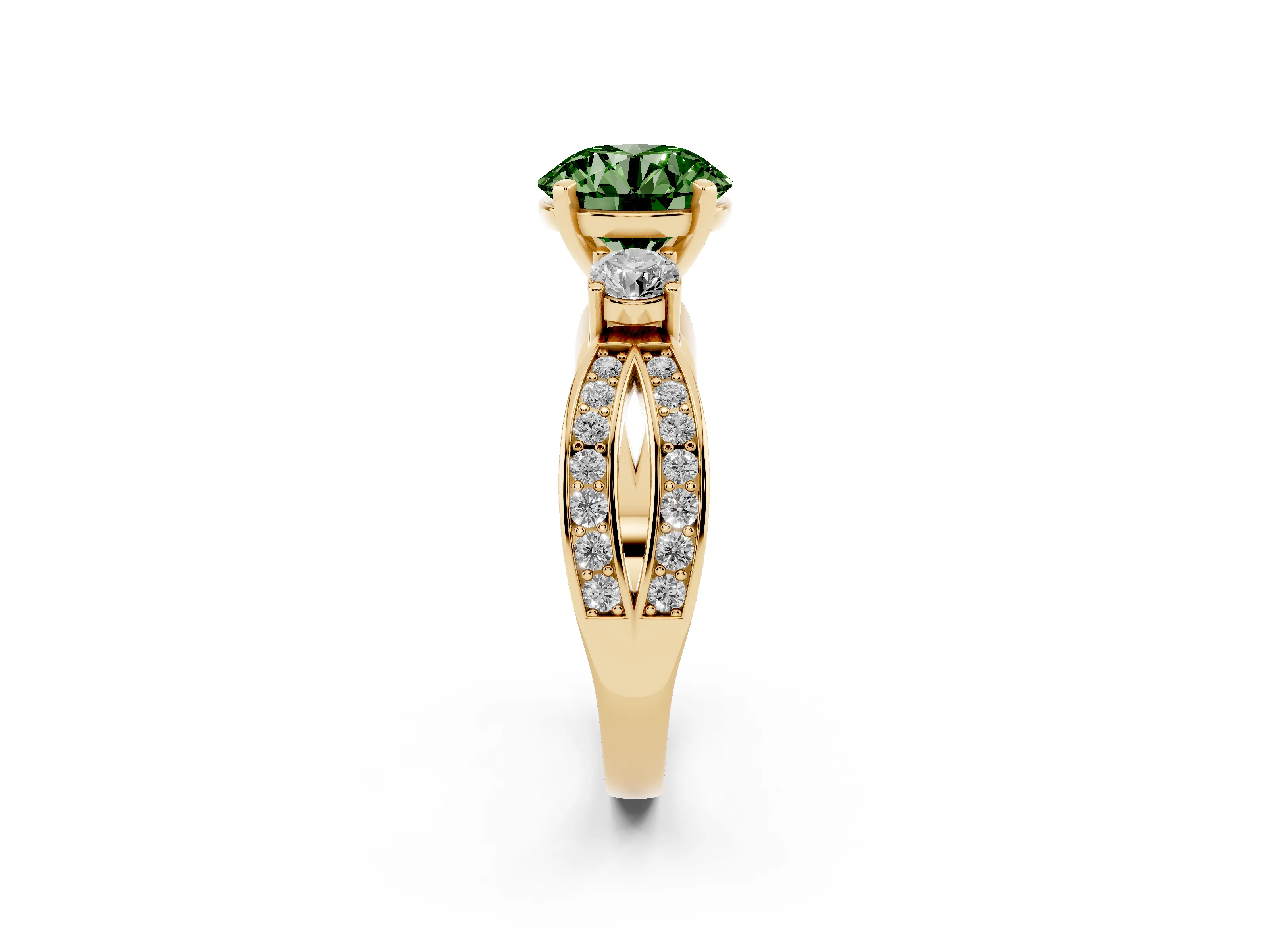 Fancy Green Three-Stone Round Cut Diamond Twist Band Ring Set in Yellow gold with Pavé Accents and Prong Setting