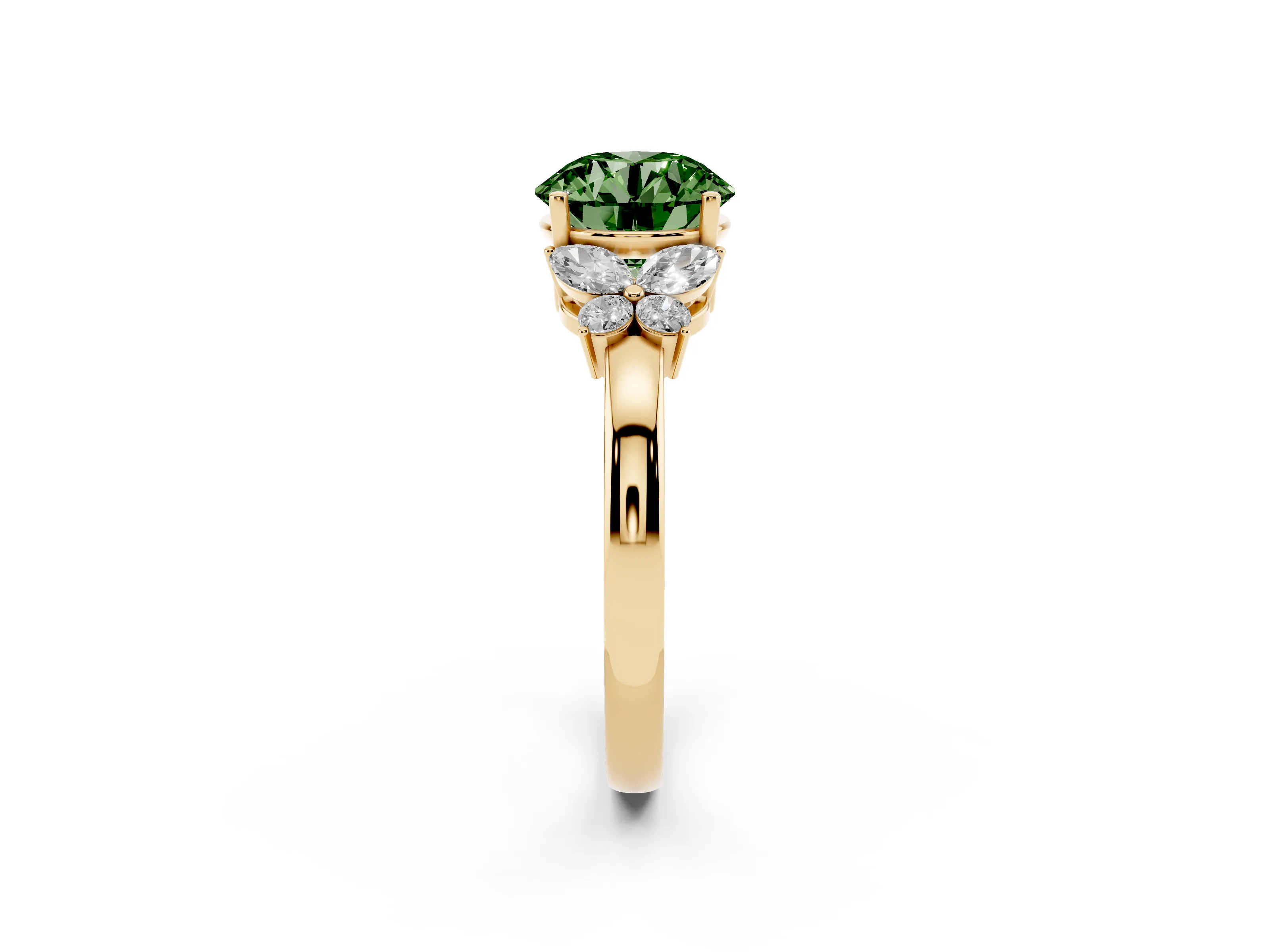 Fancy Green Round Cut Diamond Solitaire Floral Ring Set in Yellow gold with Marquise Petals and Prong Setting
