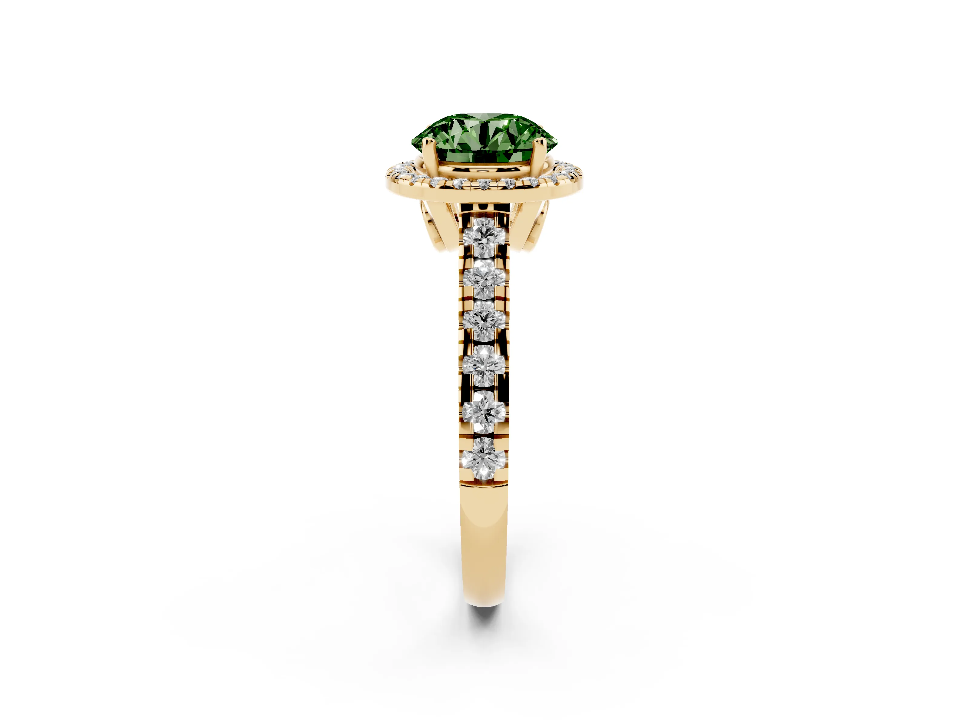 Fancy Green Round Cut Diamond Halo Engagement Ring Set in Yellow gold with Pavé Band and Prong-Set Center