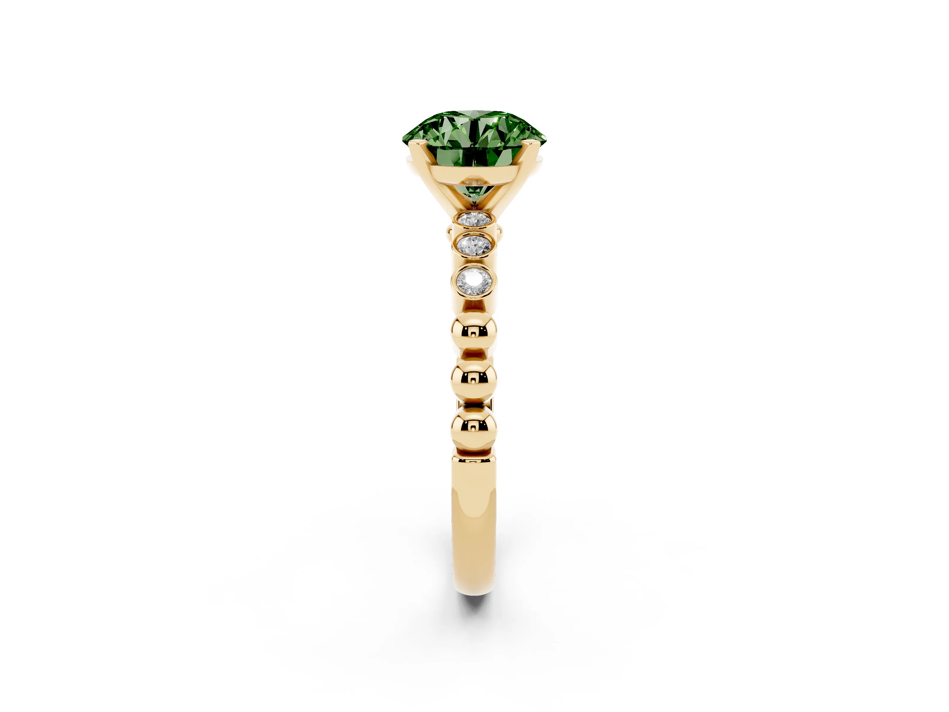 Fancy Green Round Cut Diamond Solitaire Engagement Ring Set in Yellow gold with Bezel Accents on Beaded Band