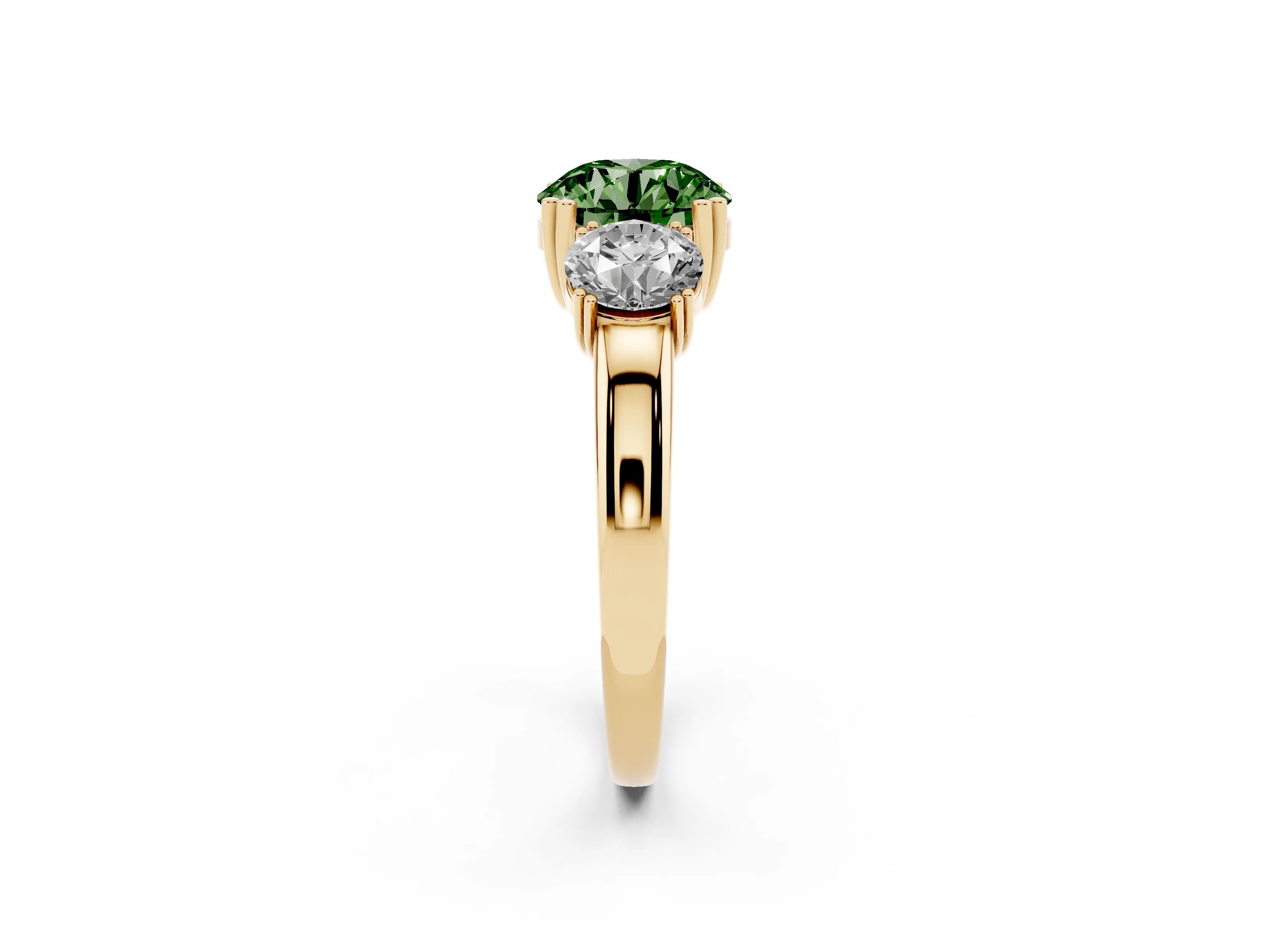 Fancy Green Round Cut Diamond Three-Stone Ring Set in Yellow gold with Polished Channel-Set Band