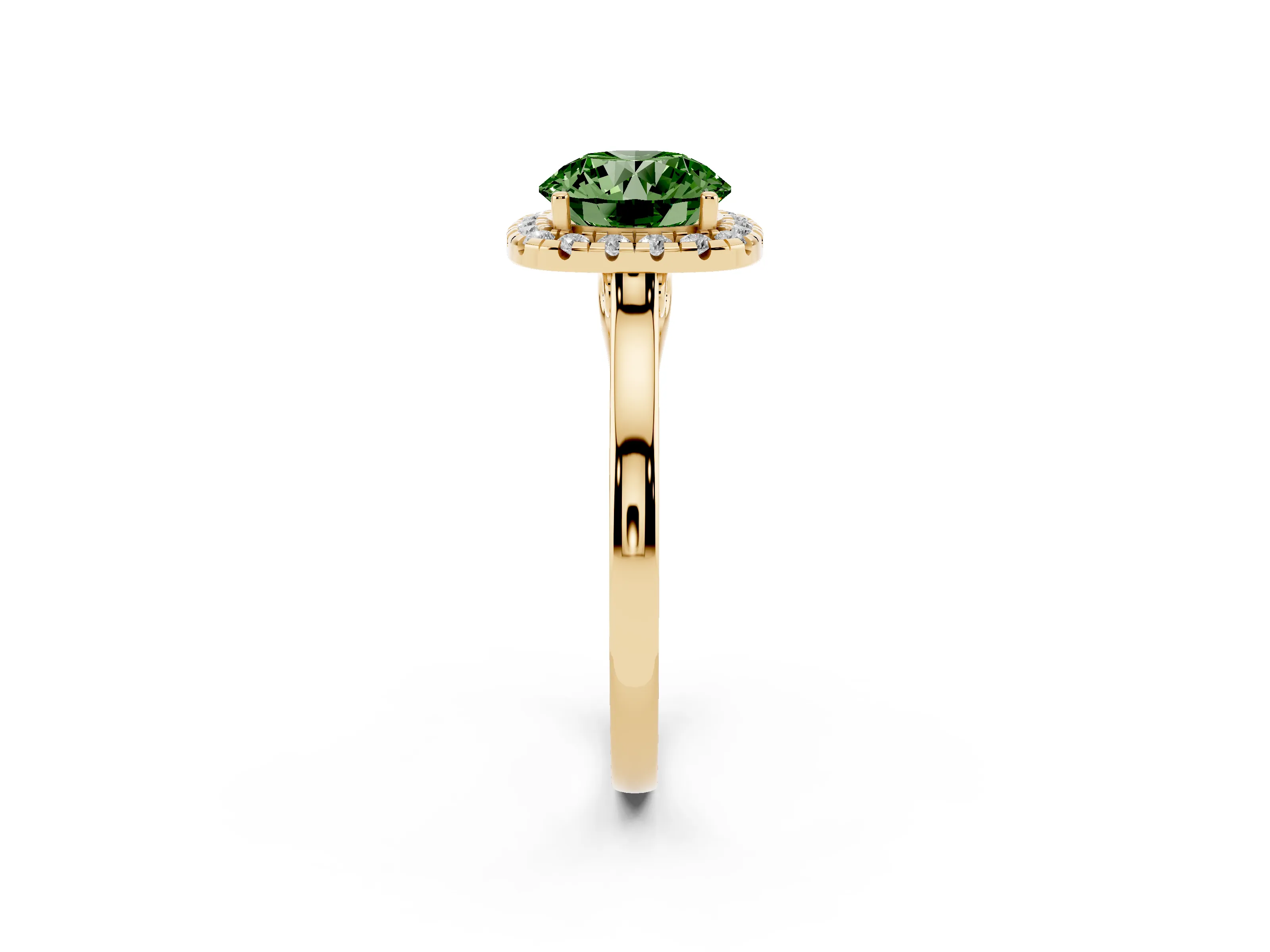Fancy Green Round Cut Halo Round Diamond Solitaire Ring Set in Yellow gold with Pavé Band and Prong Setting