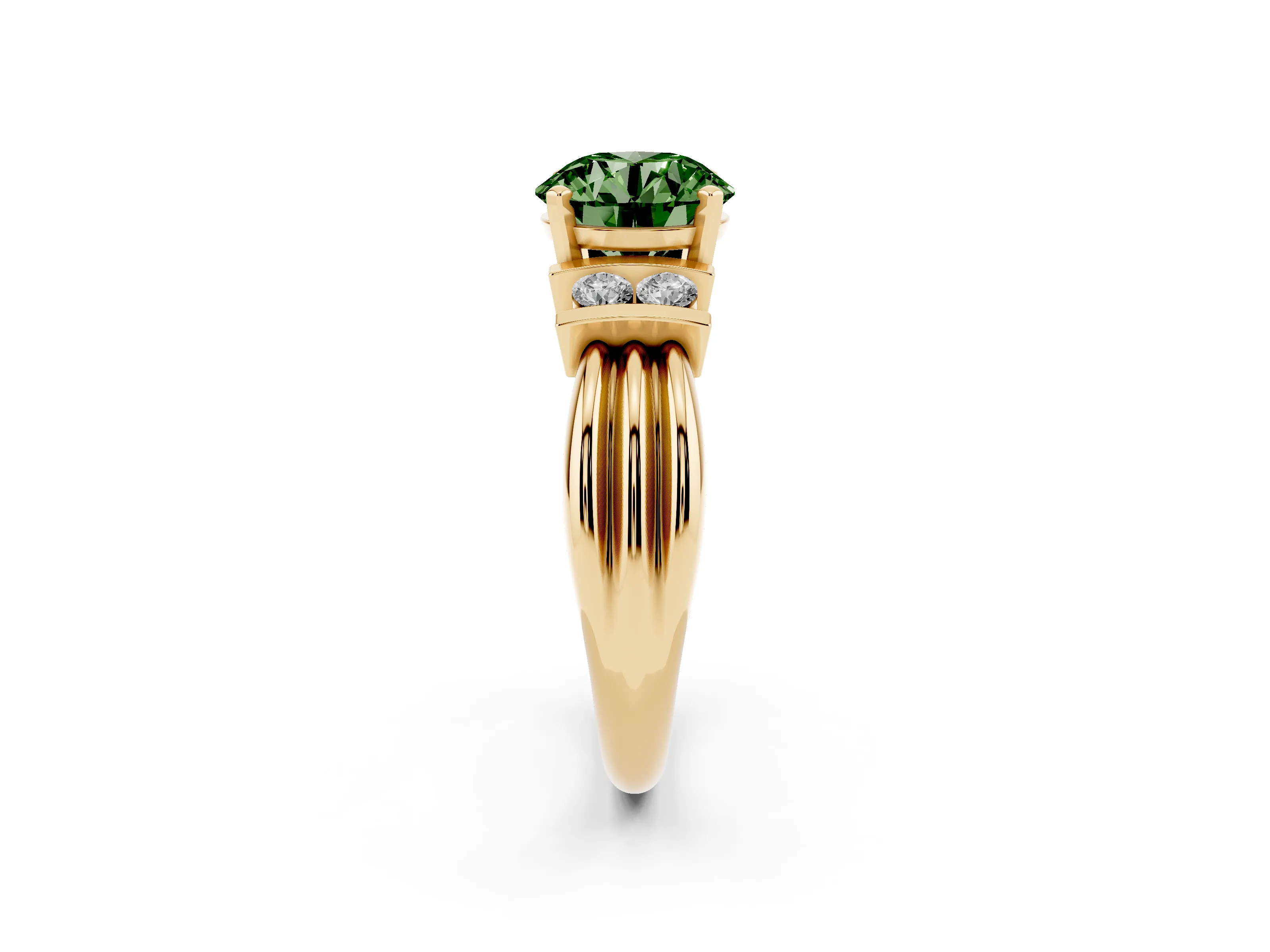 Fancy Green Three-Stone Round Cut Diamond Channel Set Ring Set in Yellow gold with Bar Prongs