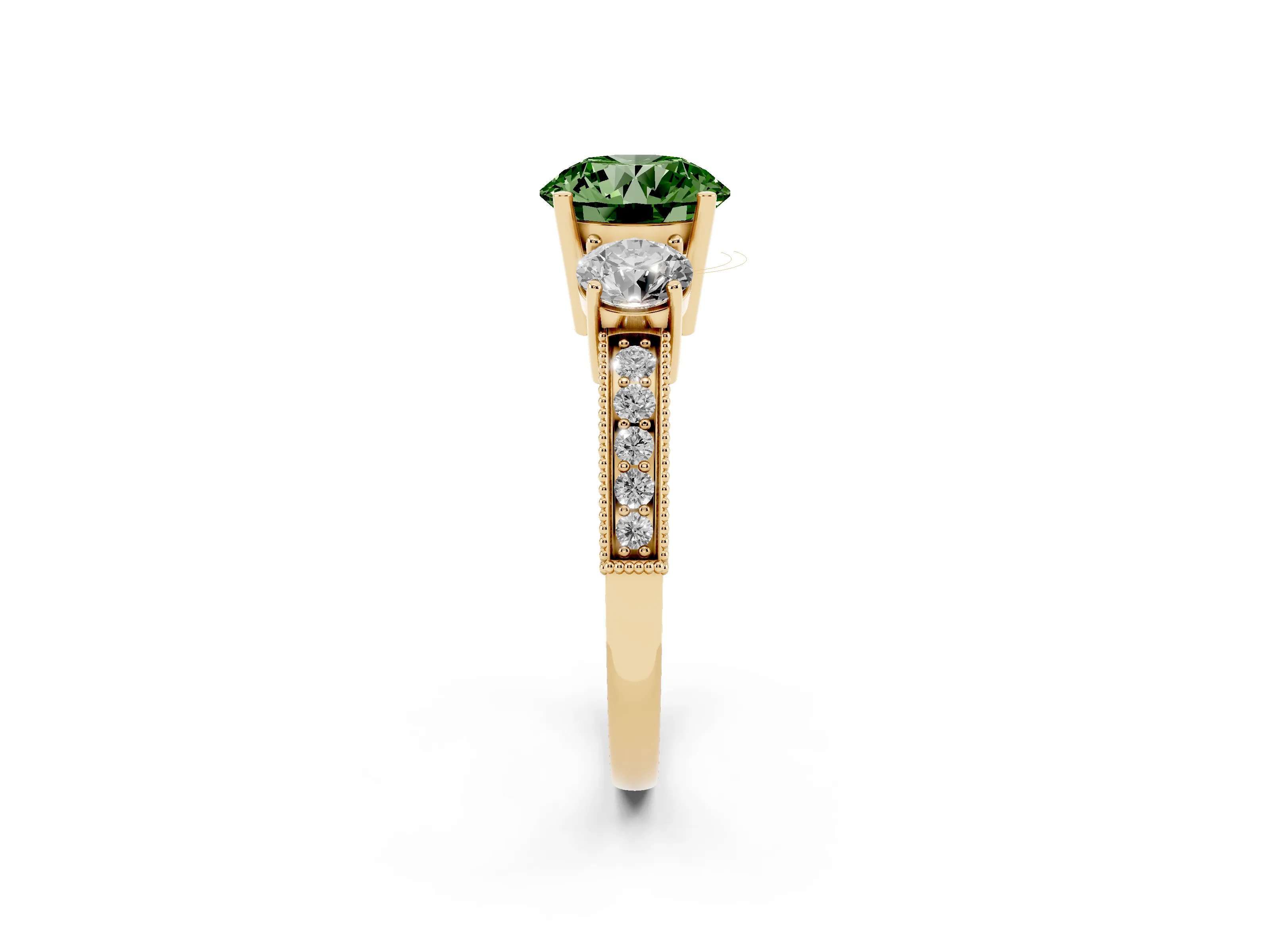 Fancy Green Round Cut Diamond Three-Stone Ring Set in Yellow gold with Round Side Stones and Pavé Band