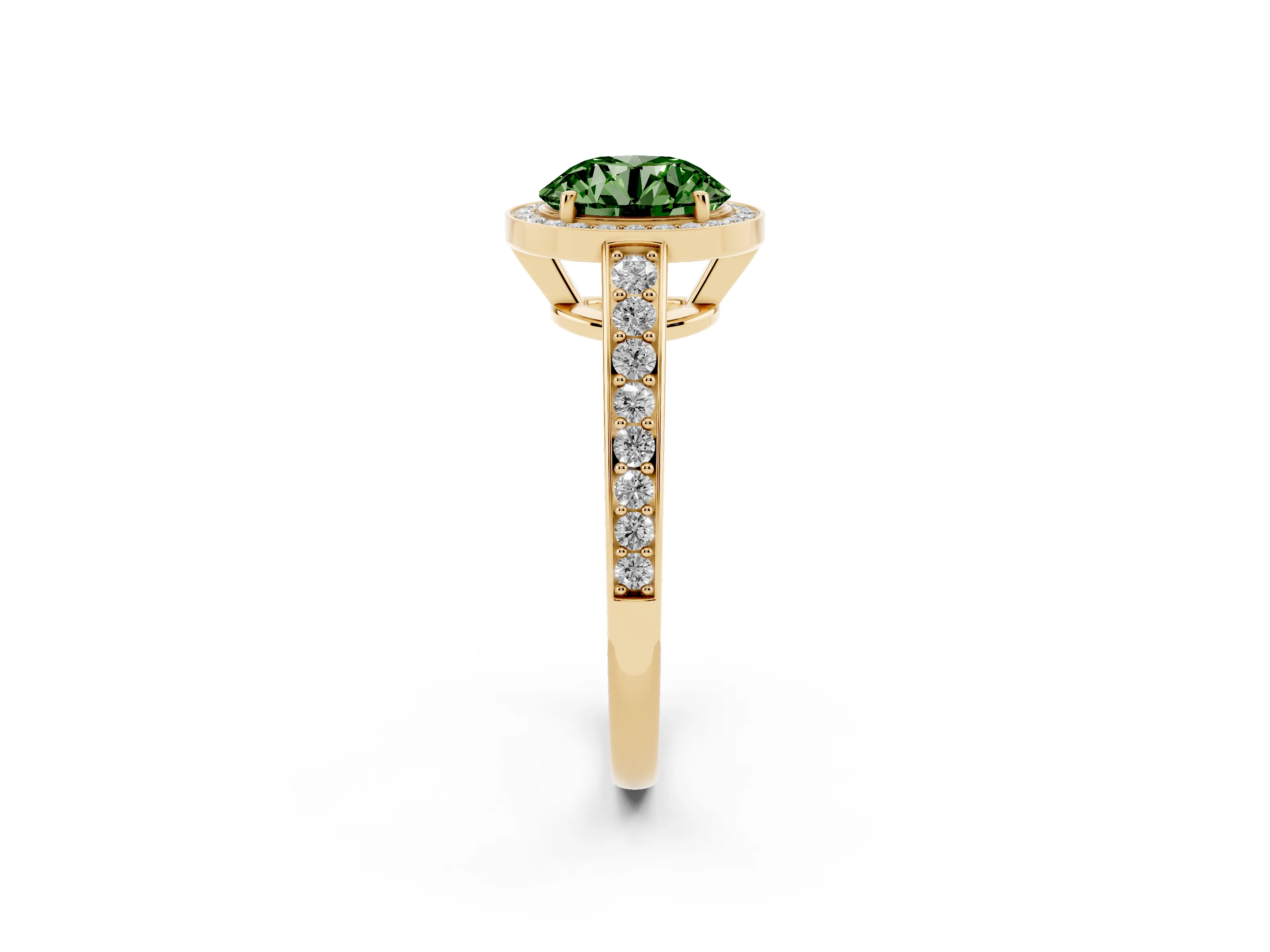 Fancy Green Round Cut Diamond Halo Pavé Engagement Ring Set in Yellow gold with Bezel Setting