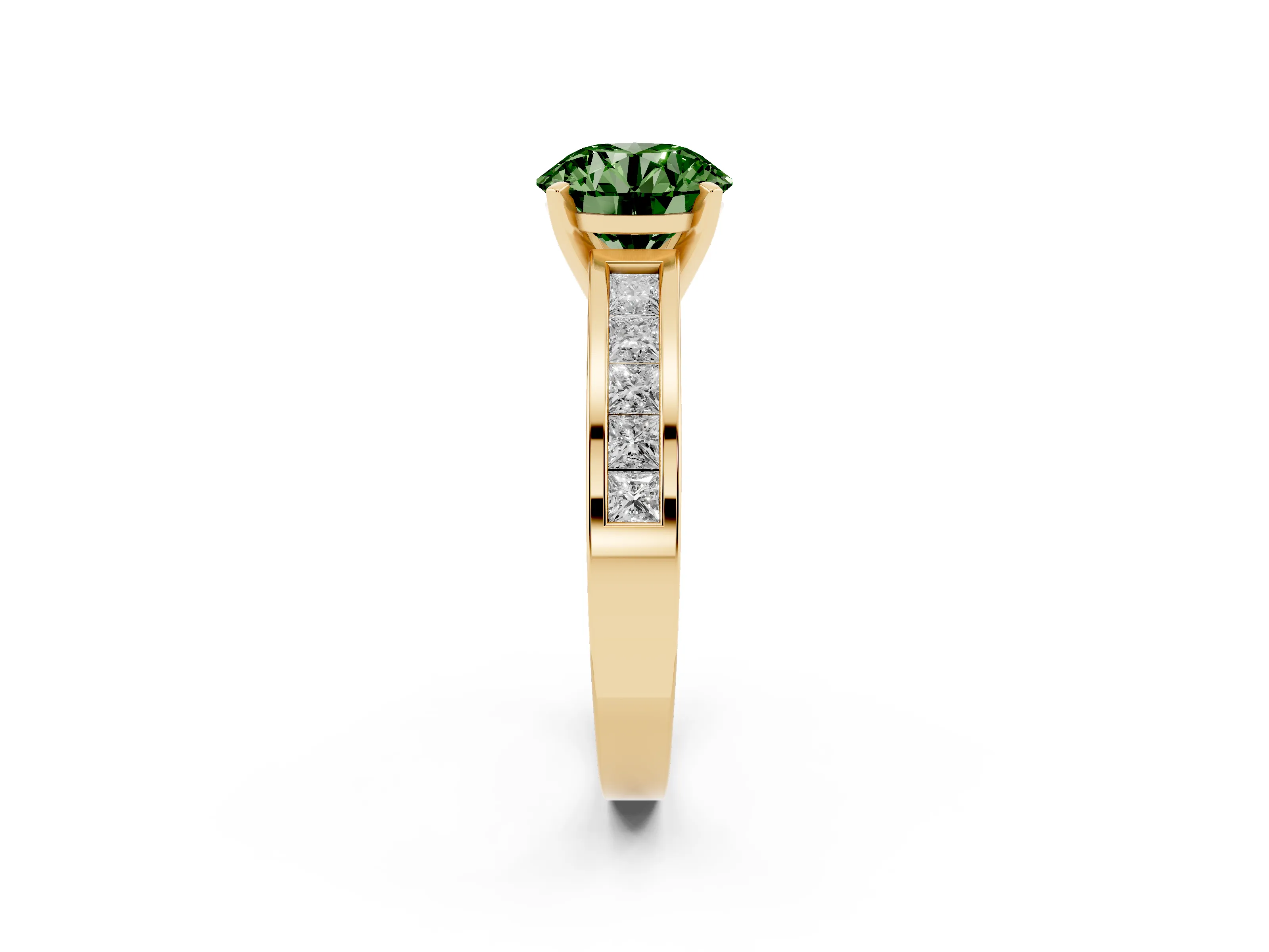Fancy Green Round Cut Diamond Solitaire Ring Set in Yellow gold with Channel-Set Band and Prong Setting