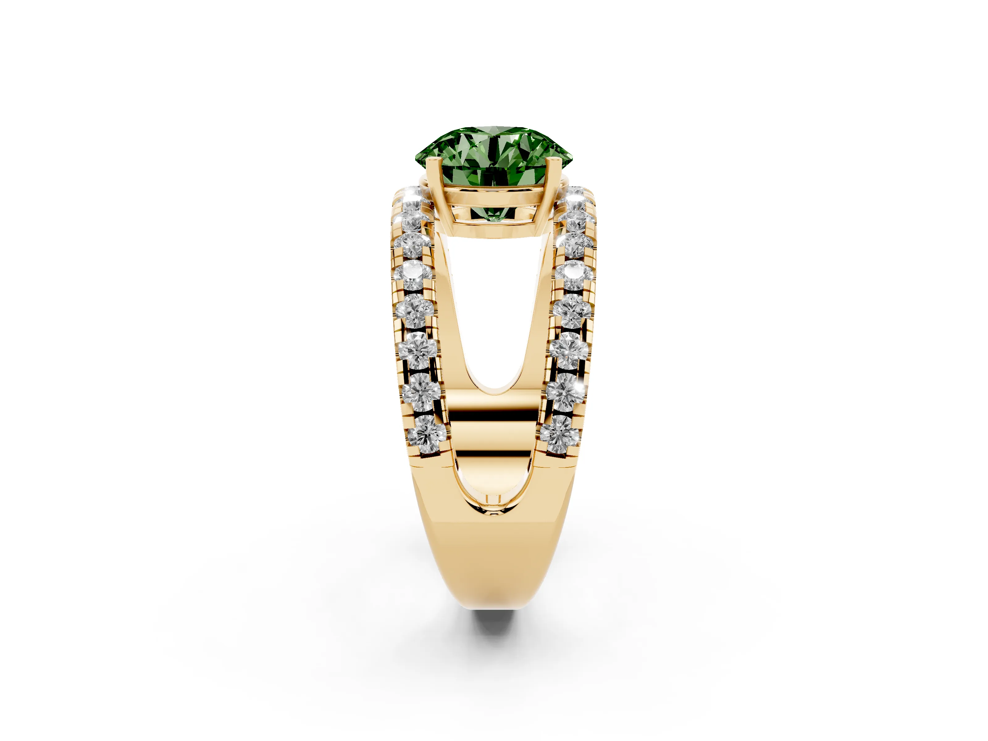 Fancy Green Round Cut Diamond Split Shank Pavé Solitaire Ring Set in Yellow gold with Open Shank Design