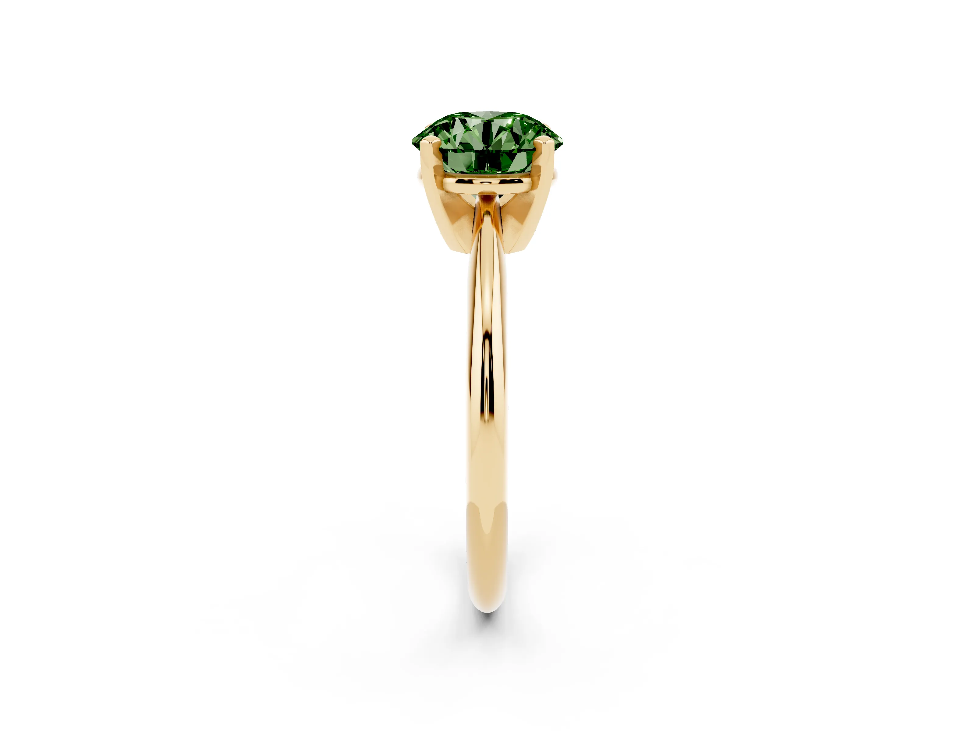 Fancy Green Round Cut Diamond Solitaire Ring Set in Yellow gold with Prong Setting on a Plain Round Band