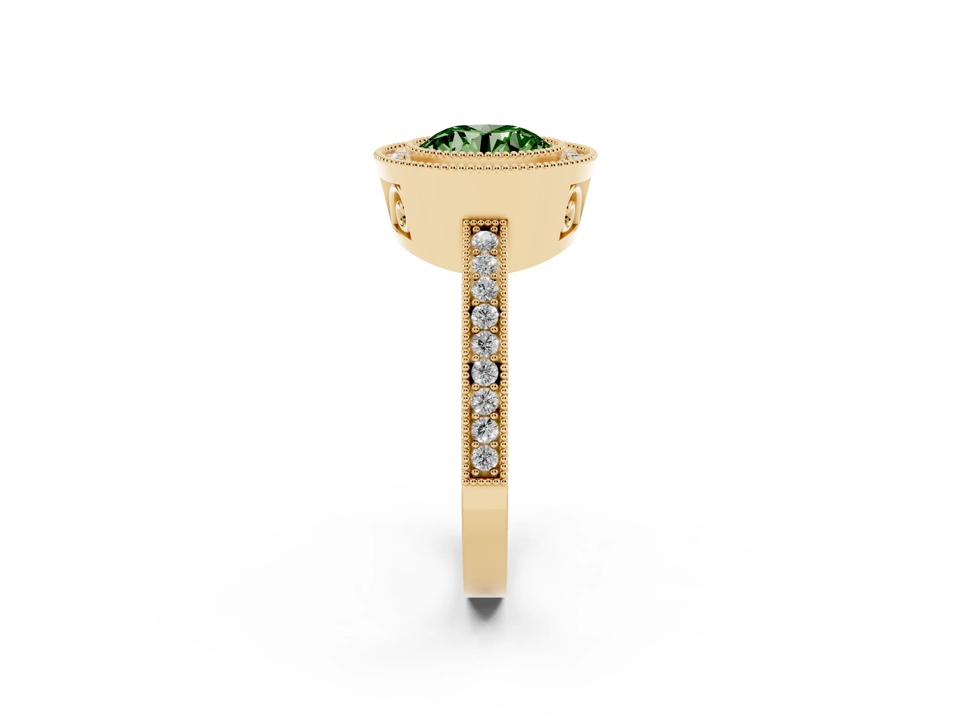 Fancy Green Round Cut Diamond Round Halo Ring Set in Yellow gold with Pavé Band
