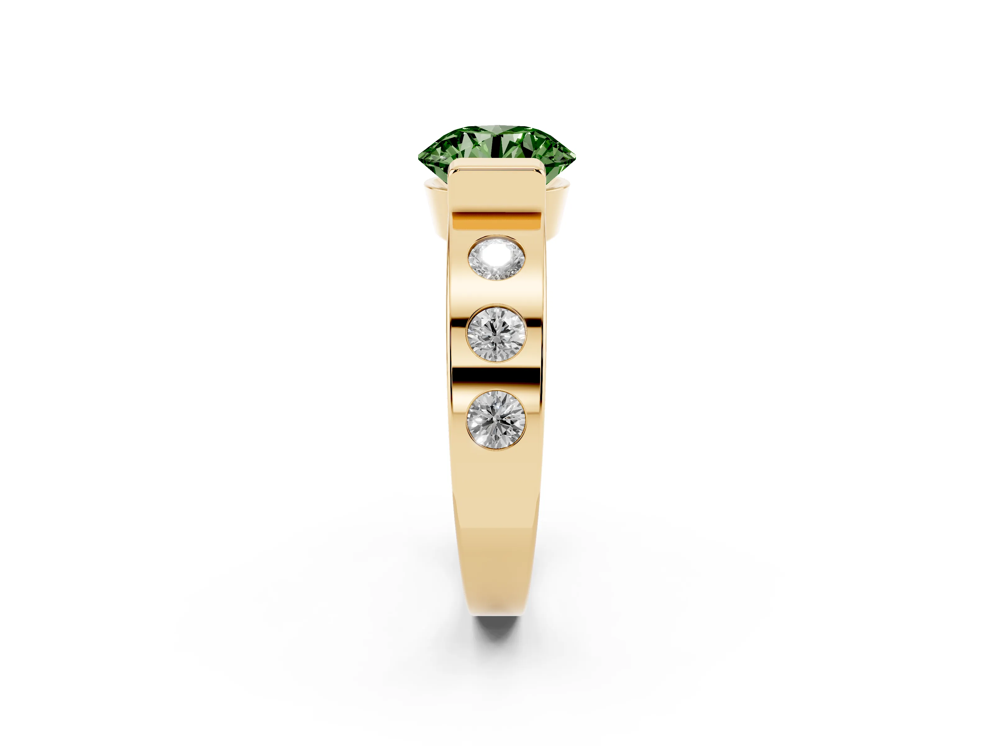 Fancy Green Round Cut Diamond Channel-Set Band Ring Set in Yellow gold with Bezel Prong Setting
