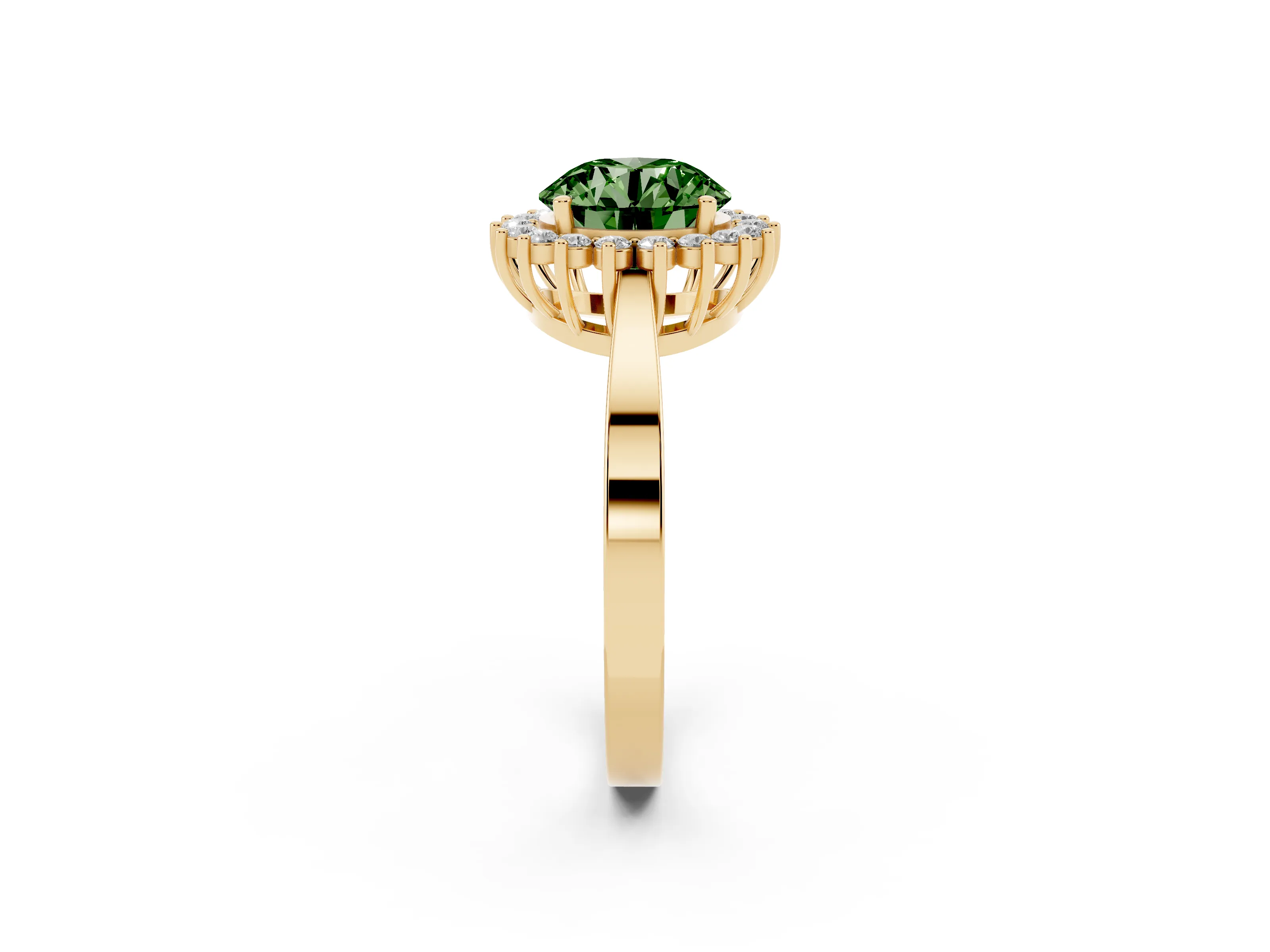 Fancy Green Round Cut Diamond Halo Ring Set in Yellow gold with Round Halo and Smooth Solitaire Band