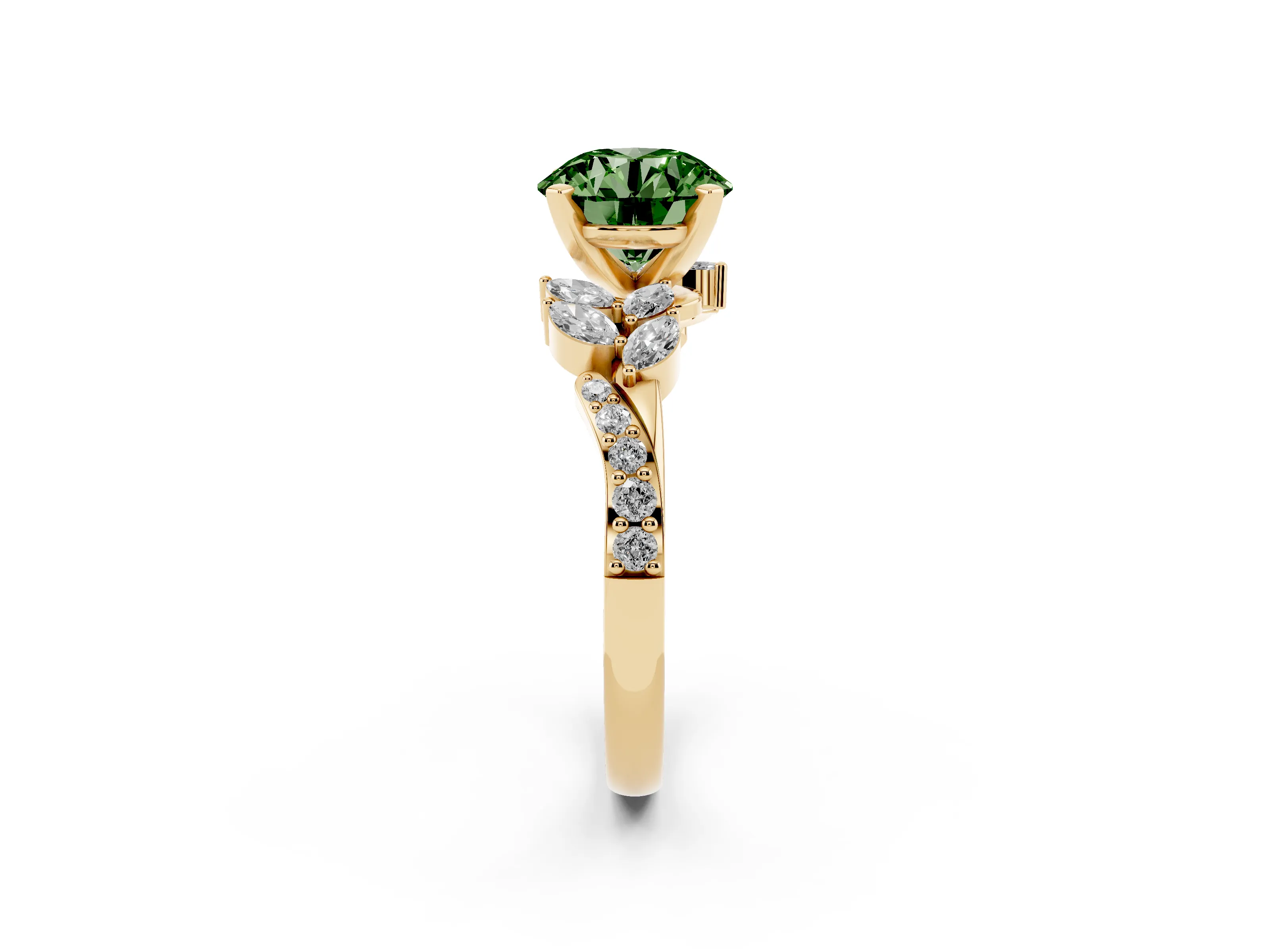 Fancy Green Round Cut Diamond Solitaire Ring Set in Yellow gold with Marquise Twist Band and Prong Setting