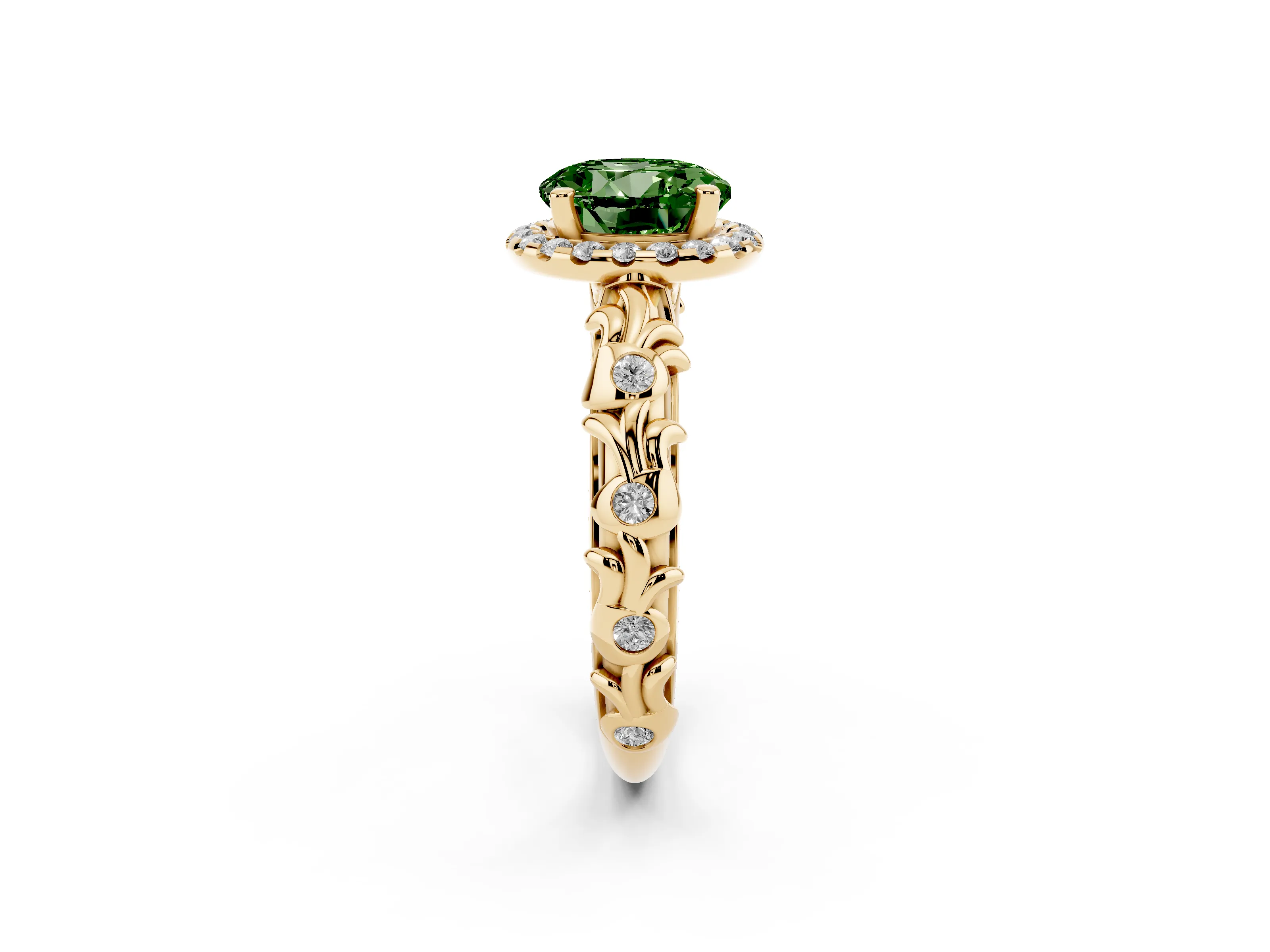 Fancy Green Round Cut Diamond Halo Ring Set in Yellow gold with Filigree Leaf Band and Prong Setting