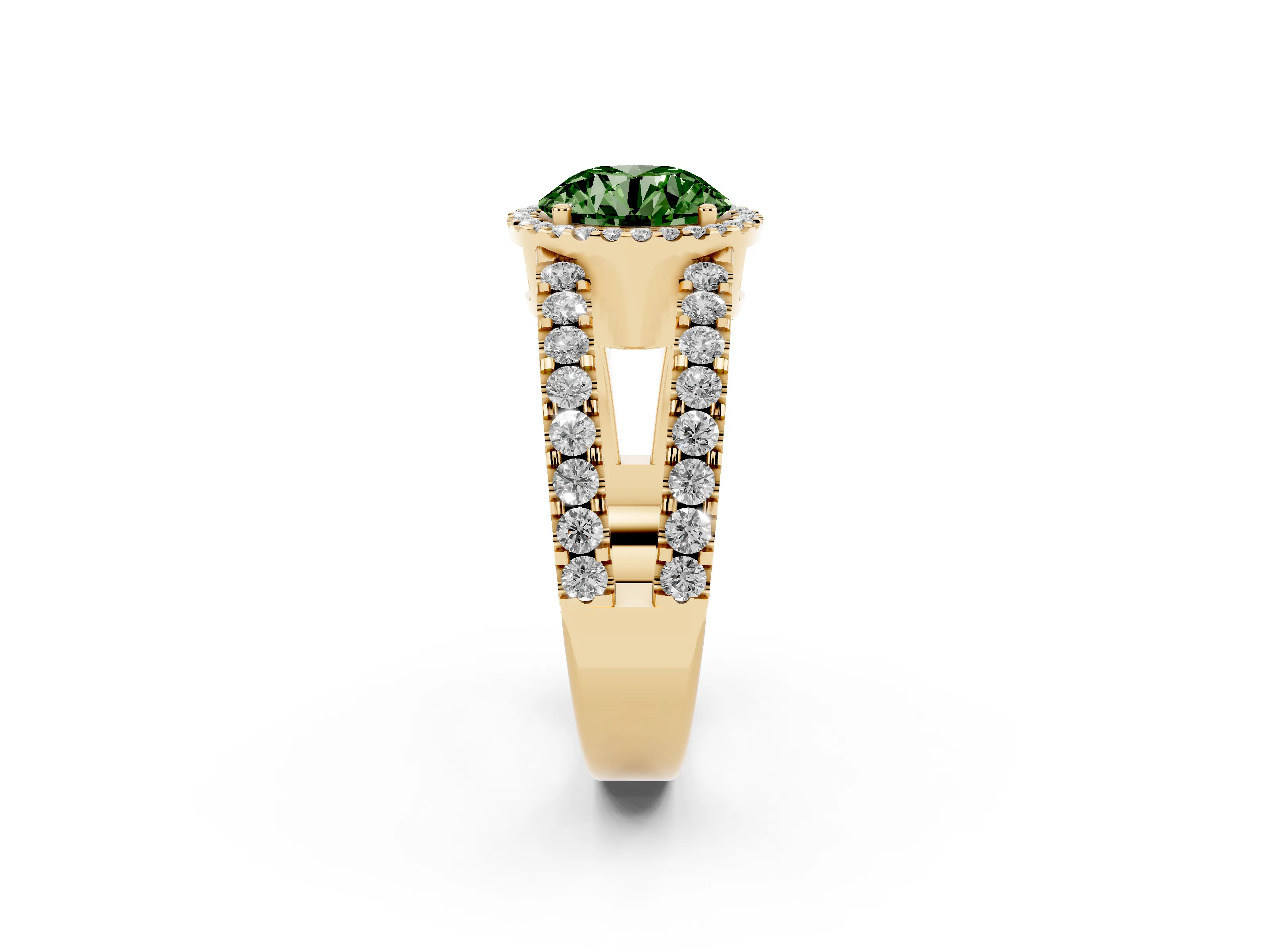 Fancy Green Round Cut Diamond Halo Ring Set in Yellow gold with Pavé Split Shank and Prong Setting