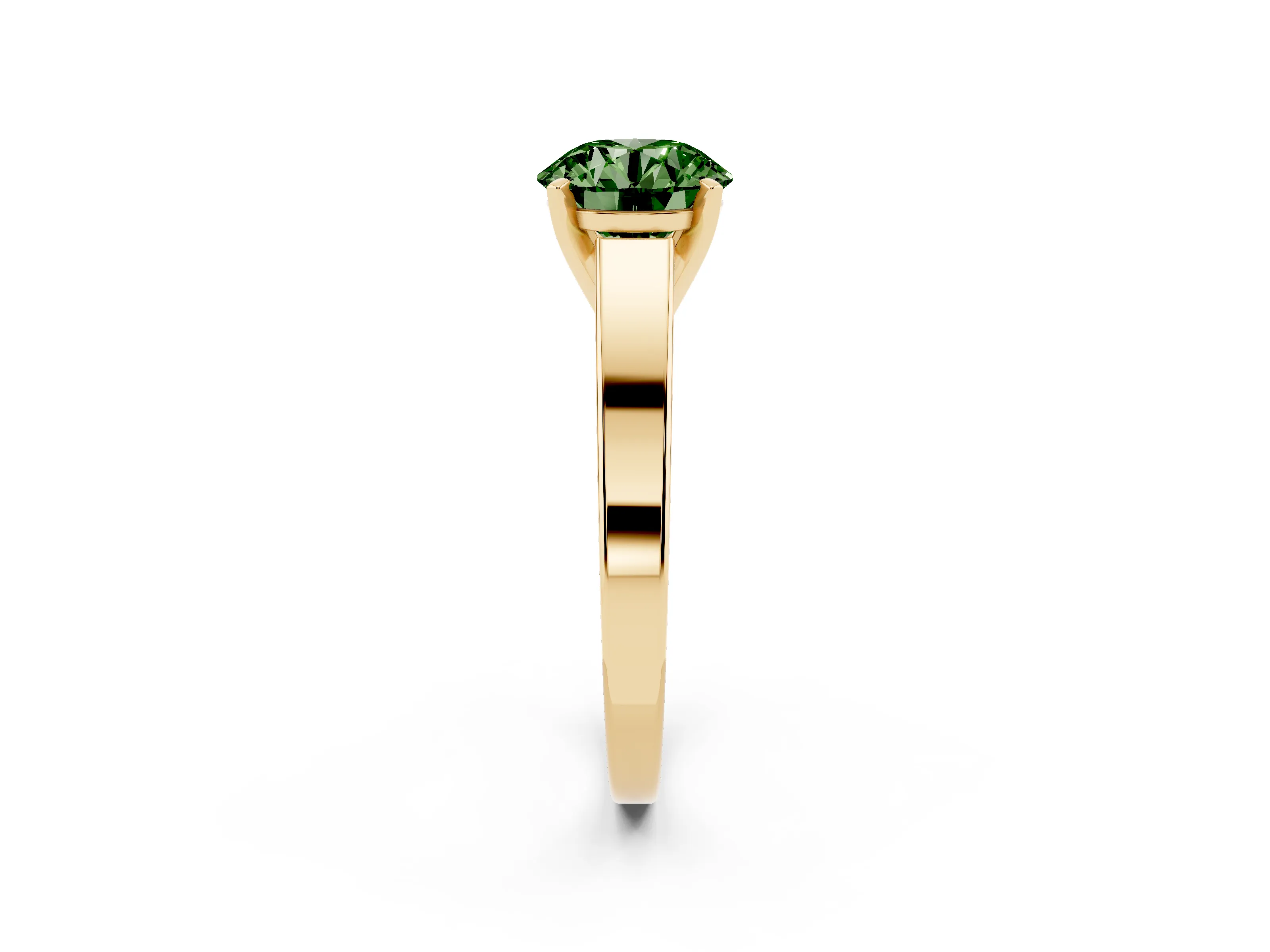 Fancy Green Round Cut Diamond Solitaire Engagement Ring Set in Yellow gold with Prong Setting and Tapered Band