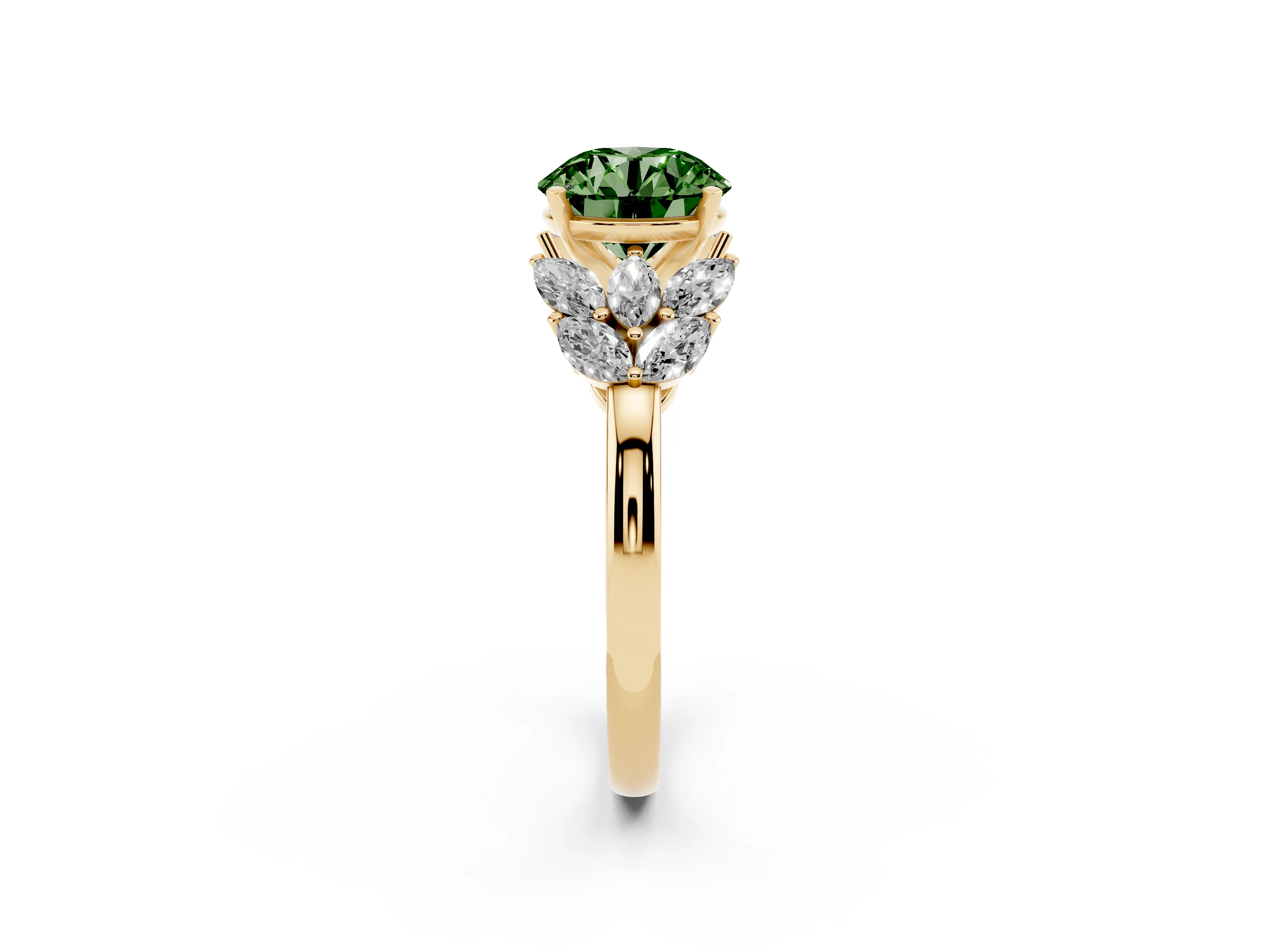 Fancy Green Round Cut Diamond Cluster Leaf Design Ring Set in Yellow gold with Prong Setting