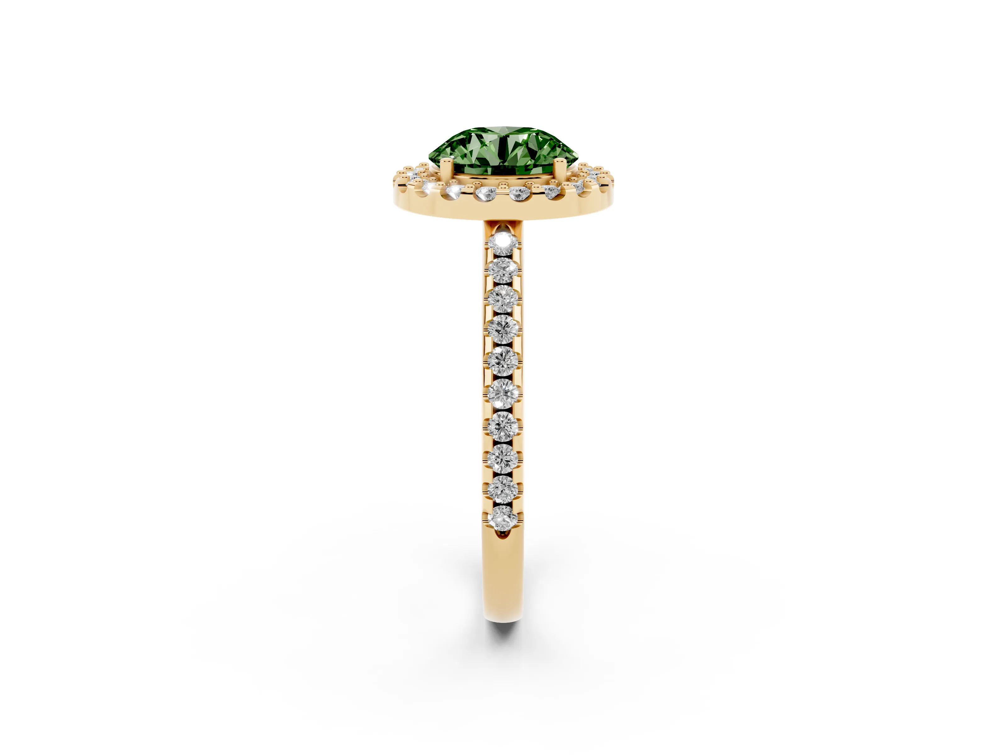 Fancy Green Round Cut Diamond Pavé Halo Ring Set in Yellow gold with Prong Setting