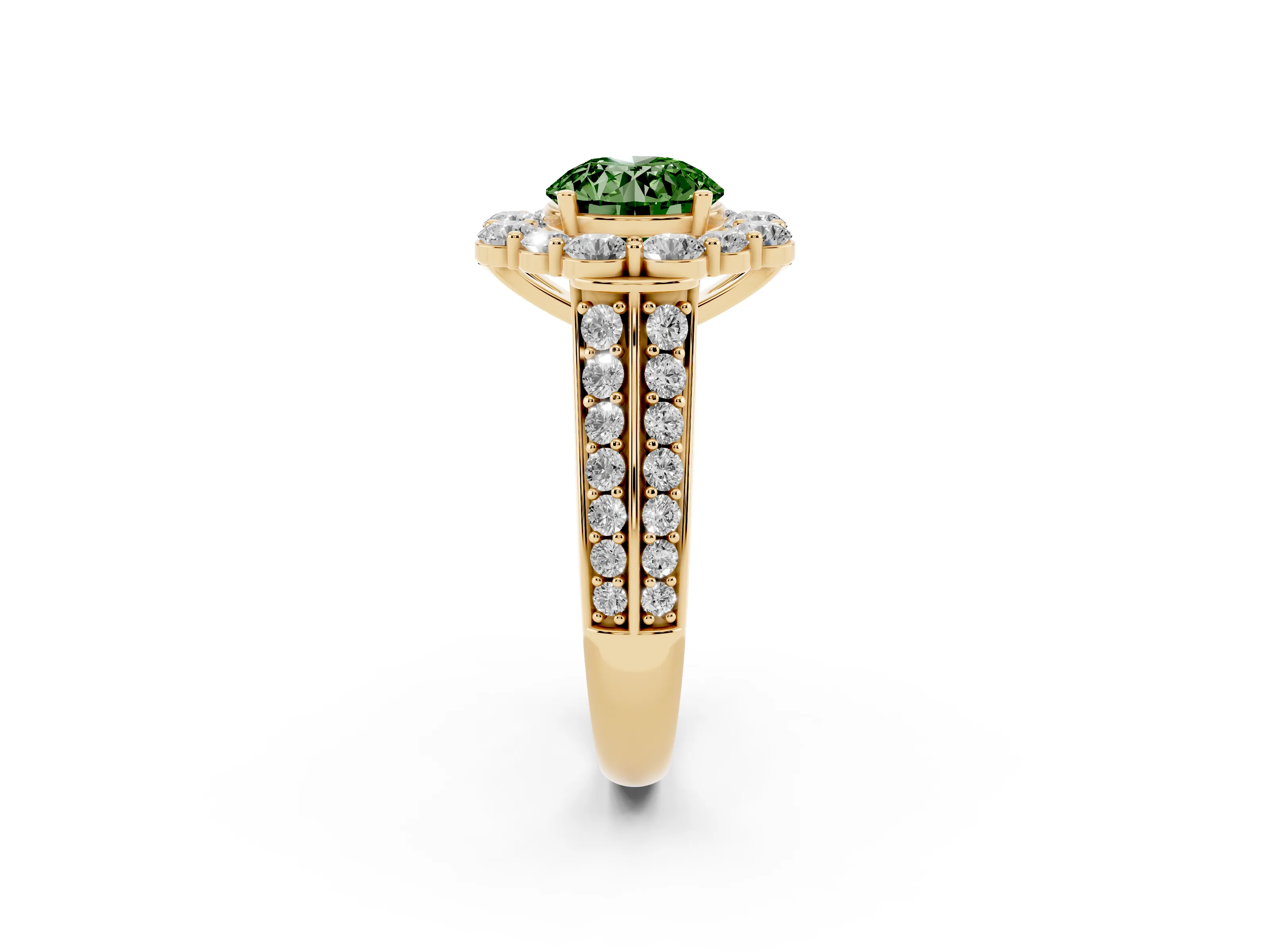 Fancy Green Round Cut Diamond Halo Engagement Ring Set in Yellow gold with Split Shank and Prong Setting