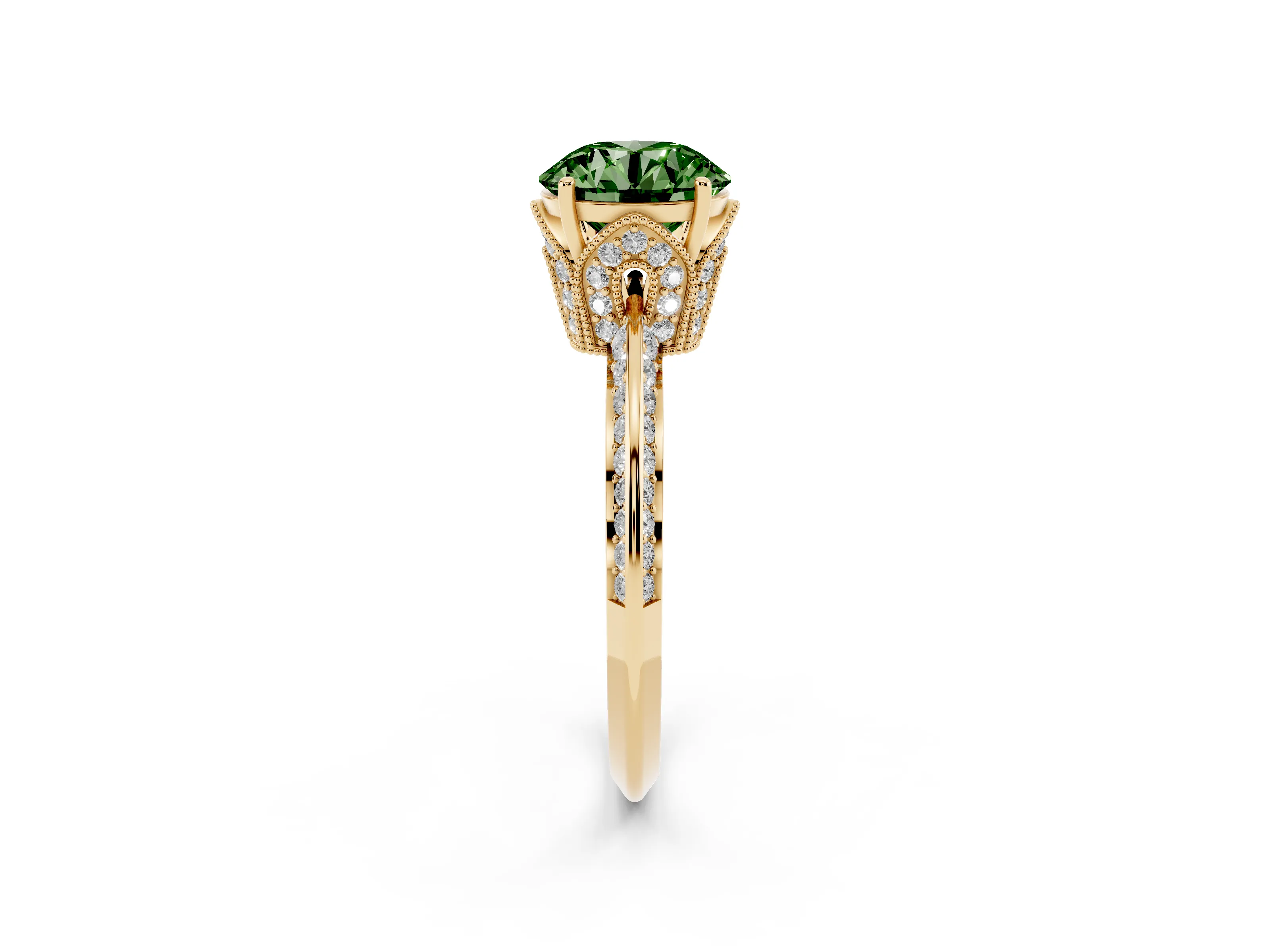 Fancy Green Round Cut Diamond Solitaire Engagement Ring Set in Yellow gold with Pavé Split Shank and Prong Setting