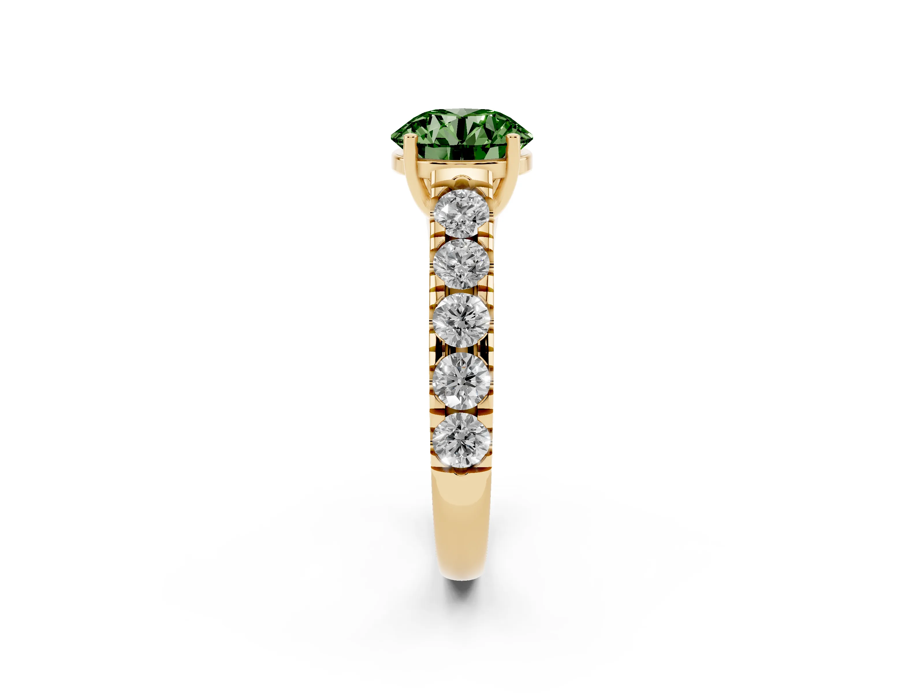 Fancy Green Round Cut Diamond Solitaire Ring Set in Yellow gold with Cut-Down Micro Pavé Band and Prong Setting