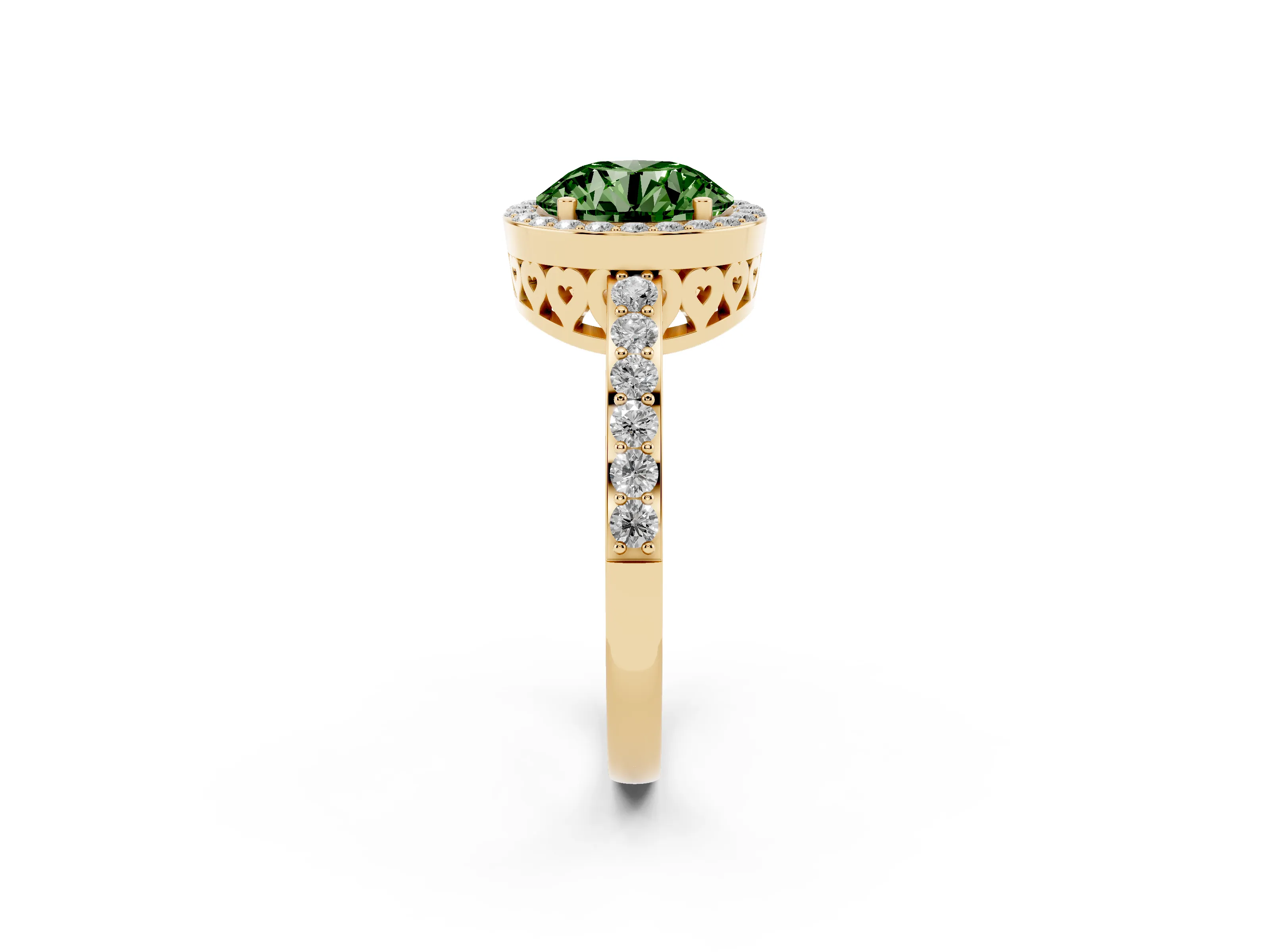 Fancy Green Round Cut Diamond Halo Ring Set in Yellow gold with Pavé-Setting Band and Open Prong Center