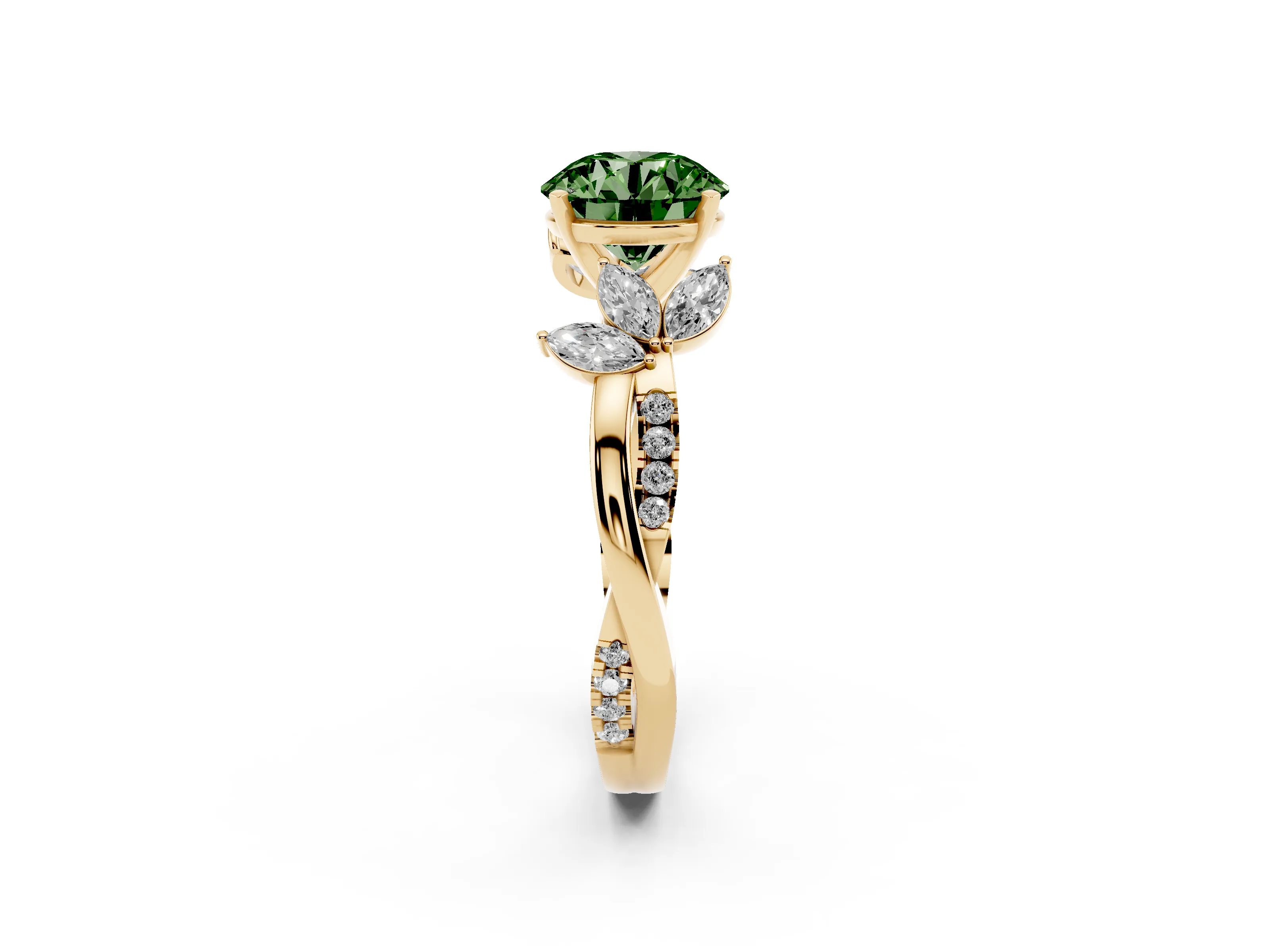 Fancy Green Round Cut Diamond Floral Vine Solitaire Engagement Ring Set in Yellow gold with Marquise Leaves