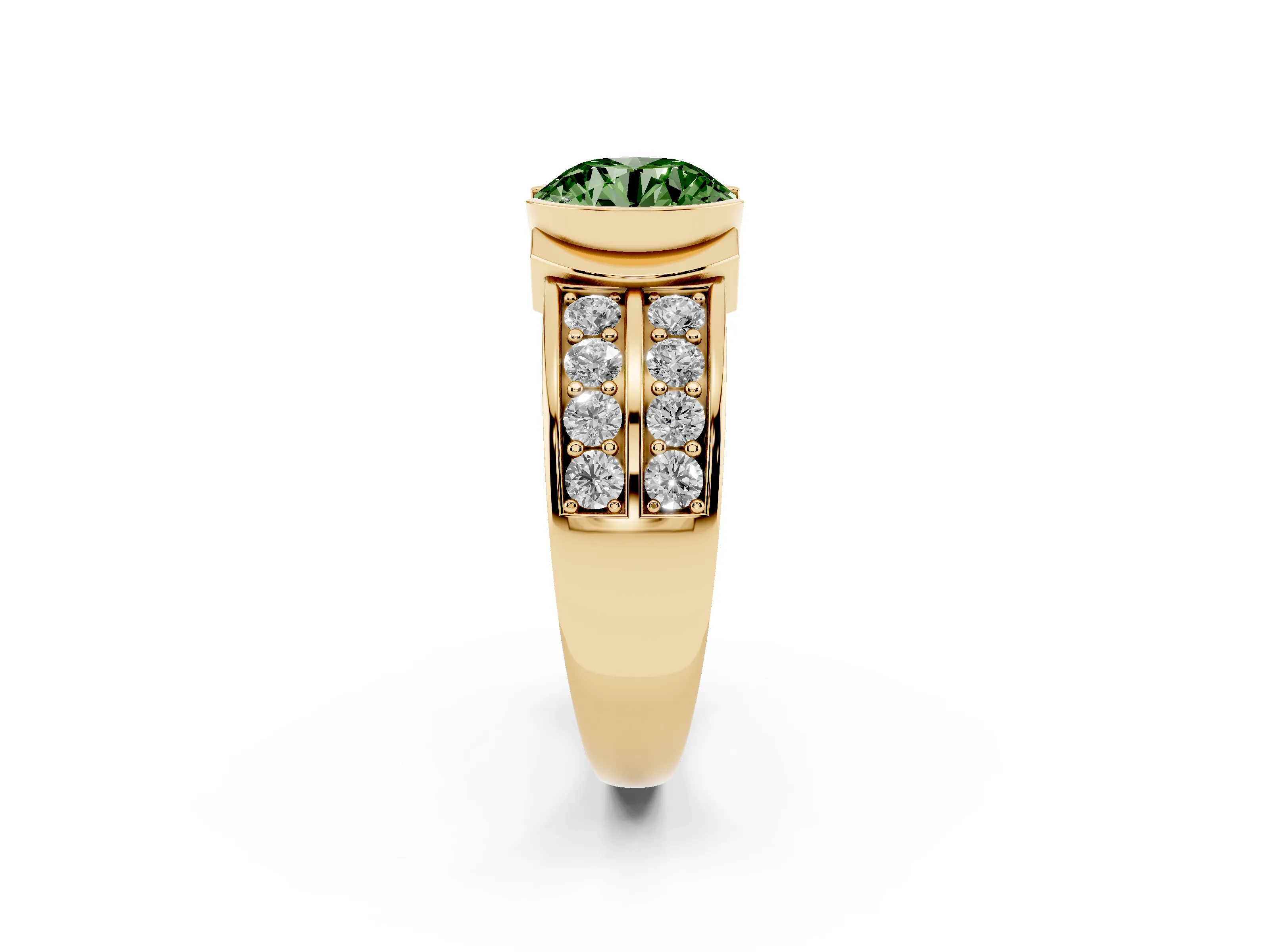 Fancy Green Round Cut Diamond Wide Channel Set Band Ring Set in Yellow gold with Bezel Setting