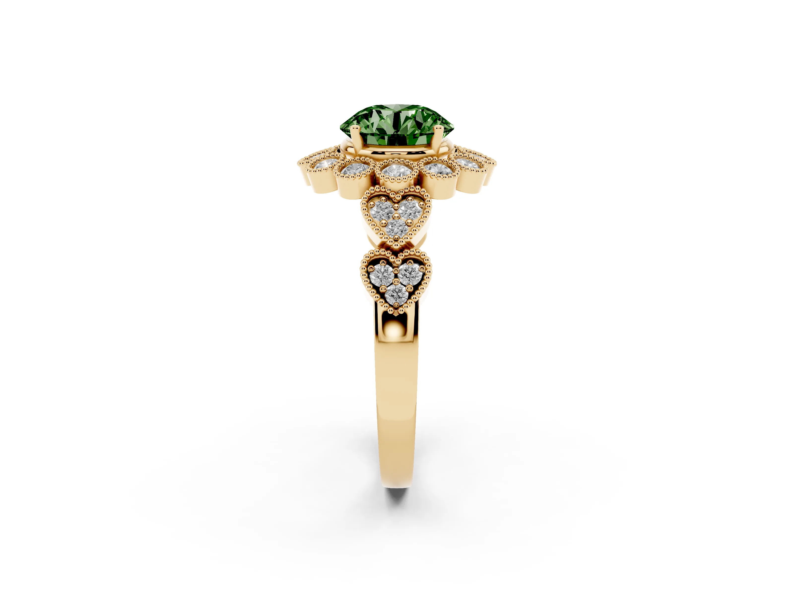 Fancy Green Round Cut Diamond Solitaire Ring Set in Yellow gold with Milgrain Pavé Heart Band