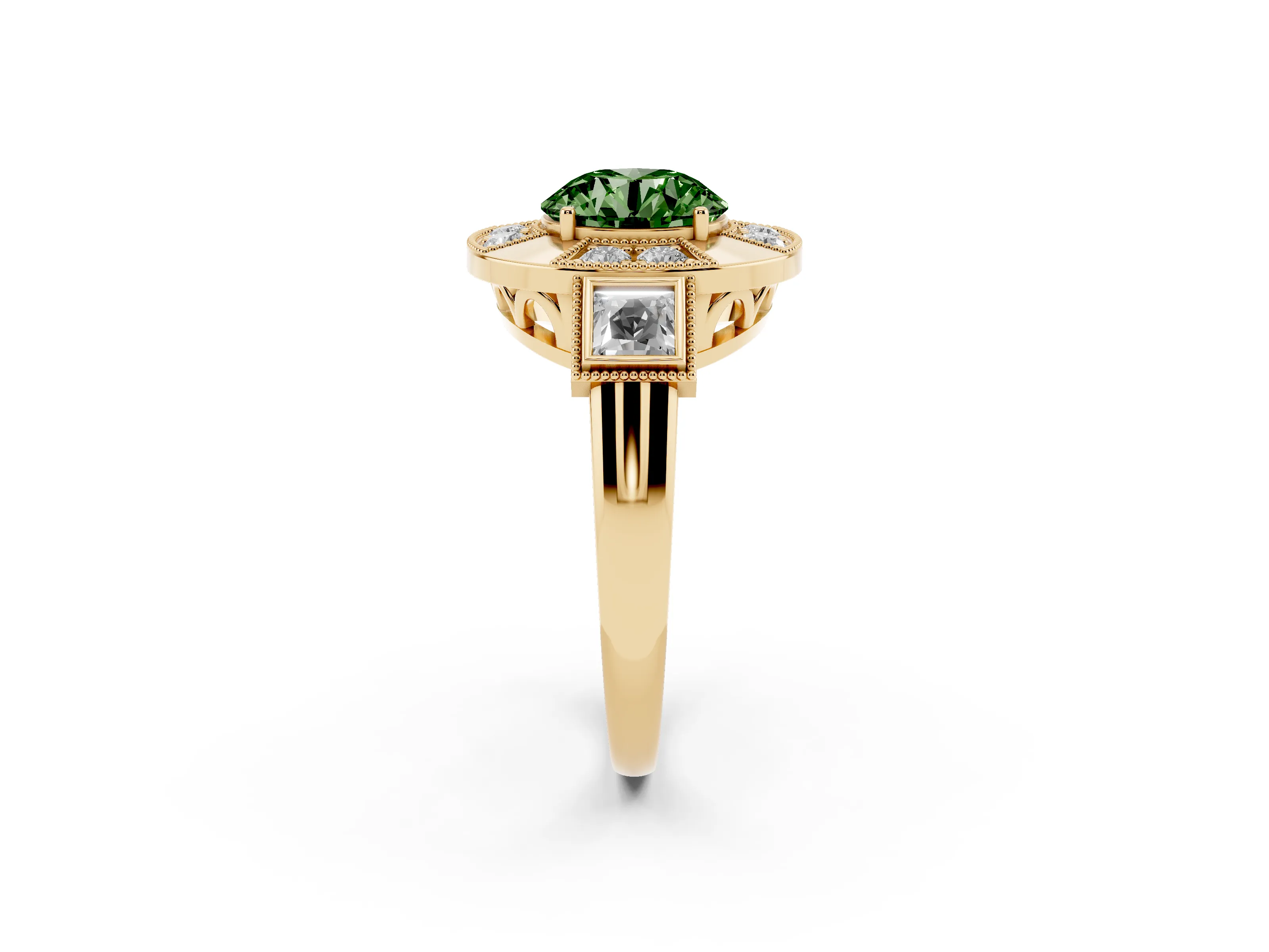 Fancy Green Round Cut Diamond Milgrain Halo Ring Set in Yellow gold with Split Shank
