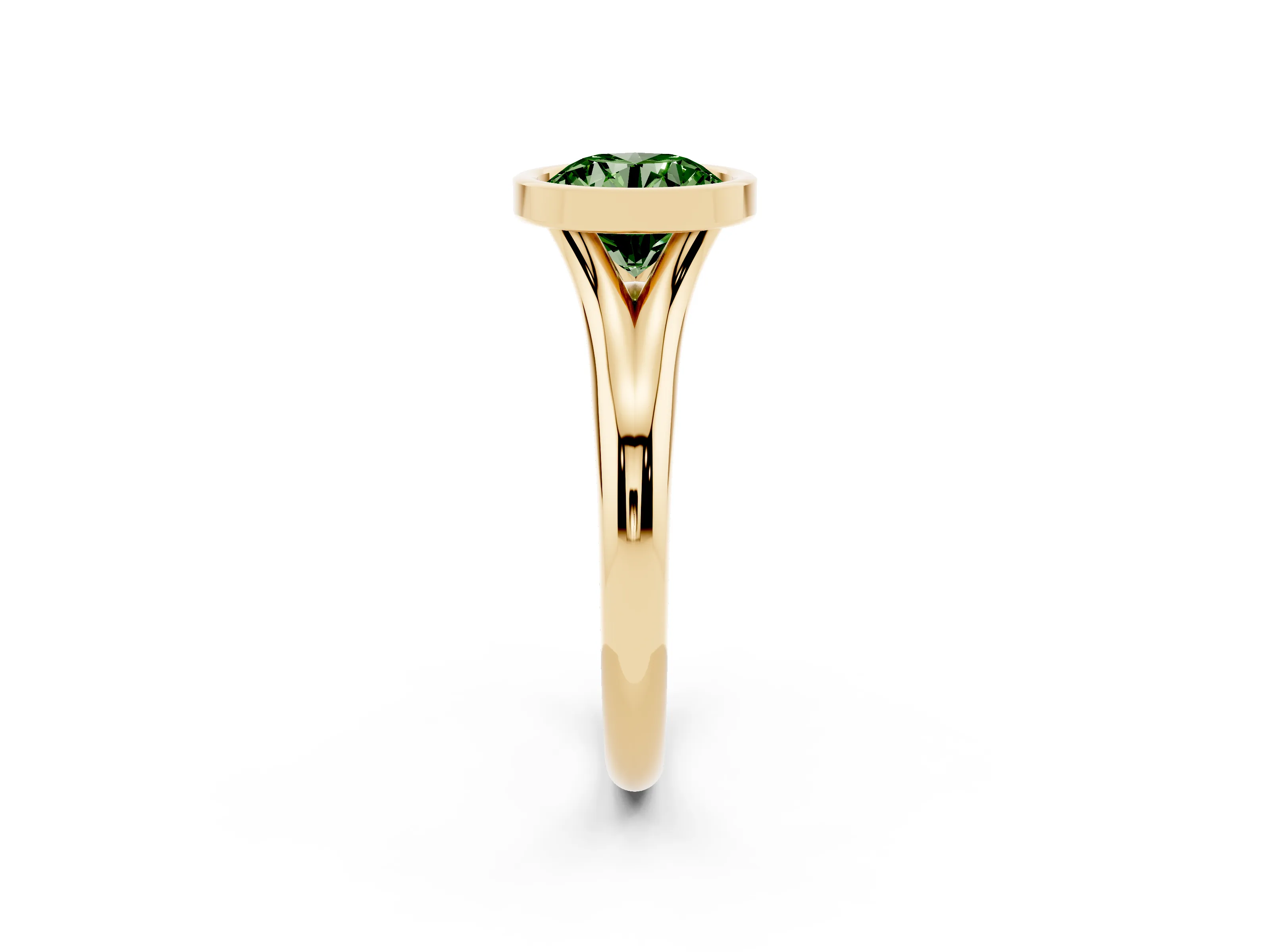 Fancy Green Bezel Set Round Cut Diamond Solitaire Ring Set in Yellow gold with Smooth Band