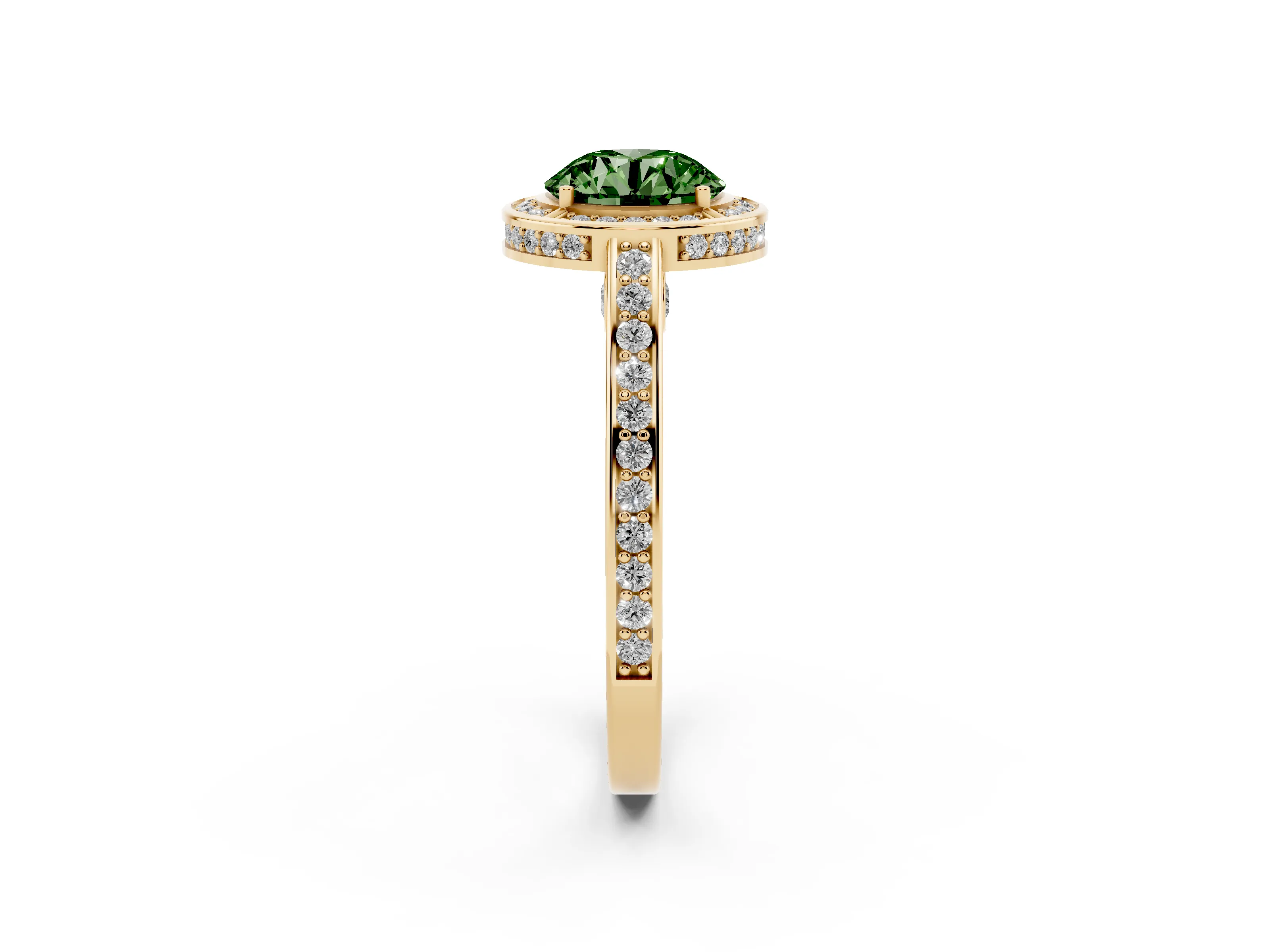 Fancy Green Round Cut Diamond Halo Pavé Split Shank Ring Set in Yellow gold with Prong Setting