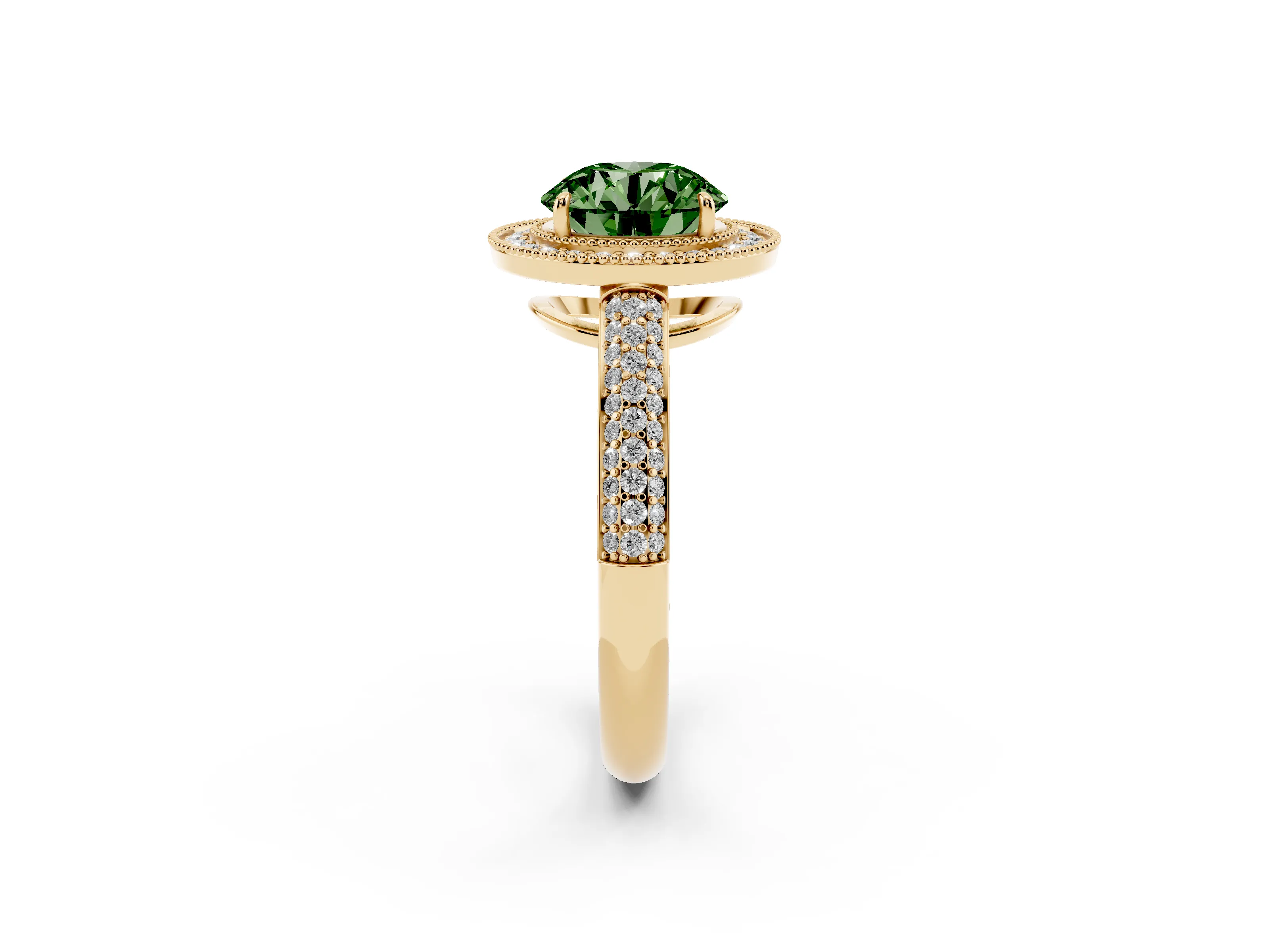 Fancy Green Round Cut Diamond Halo Pavé Band Set in Yellow gold with Prong Setting