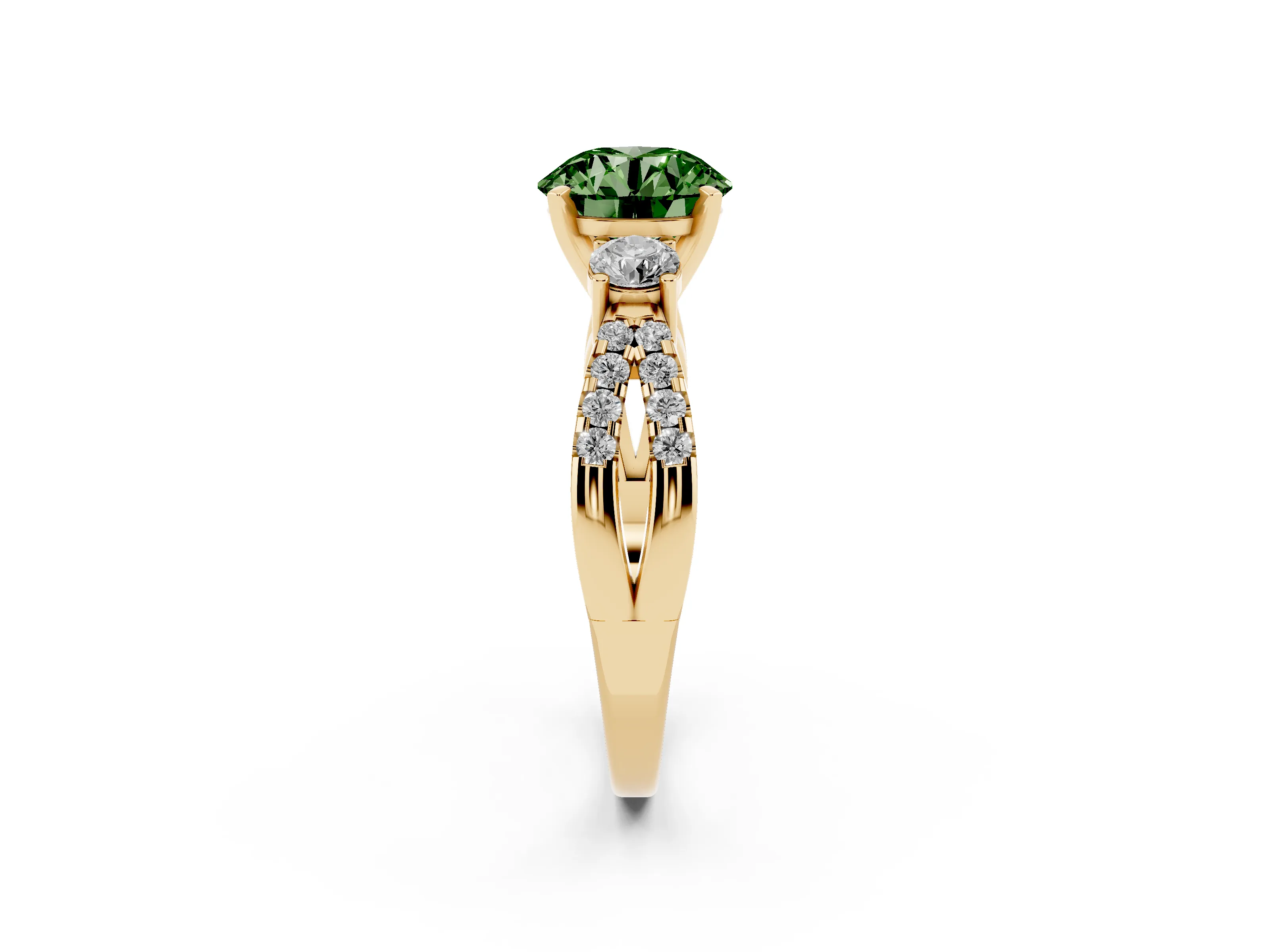 Fancy Green Round Cut Diamond Three-Stone Ring Set in Yellow gold with Pavé Split Shank and Prong Setting