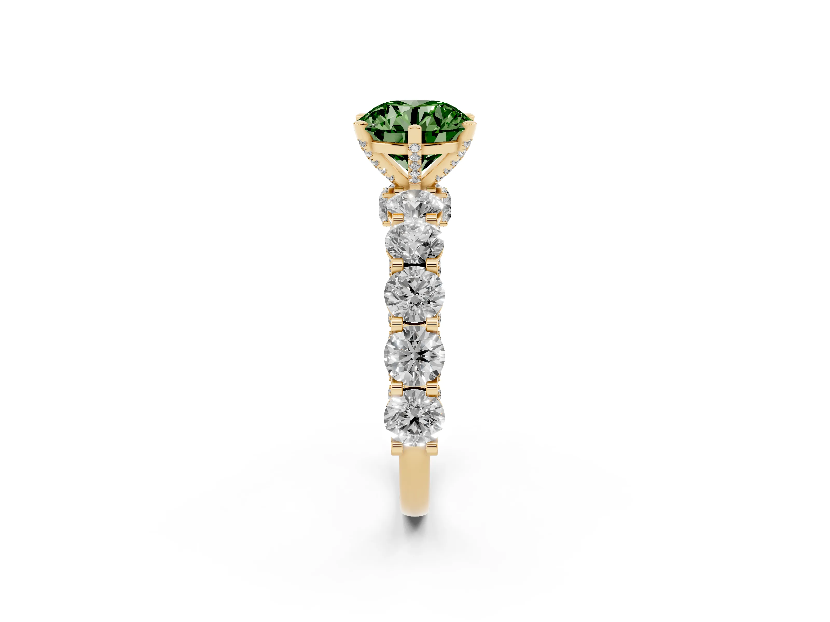 Fancy Green Round Cut Diamond Side Stone Ring Set in Yellow gold with Alternating Round and Oval Side Stones