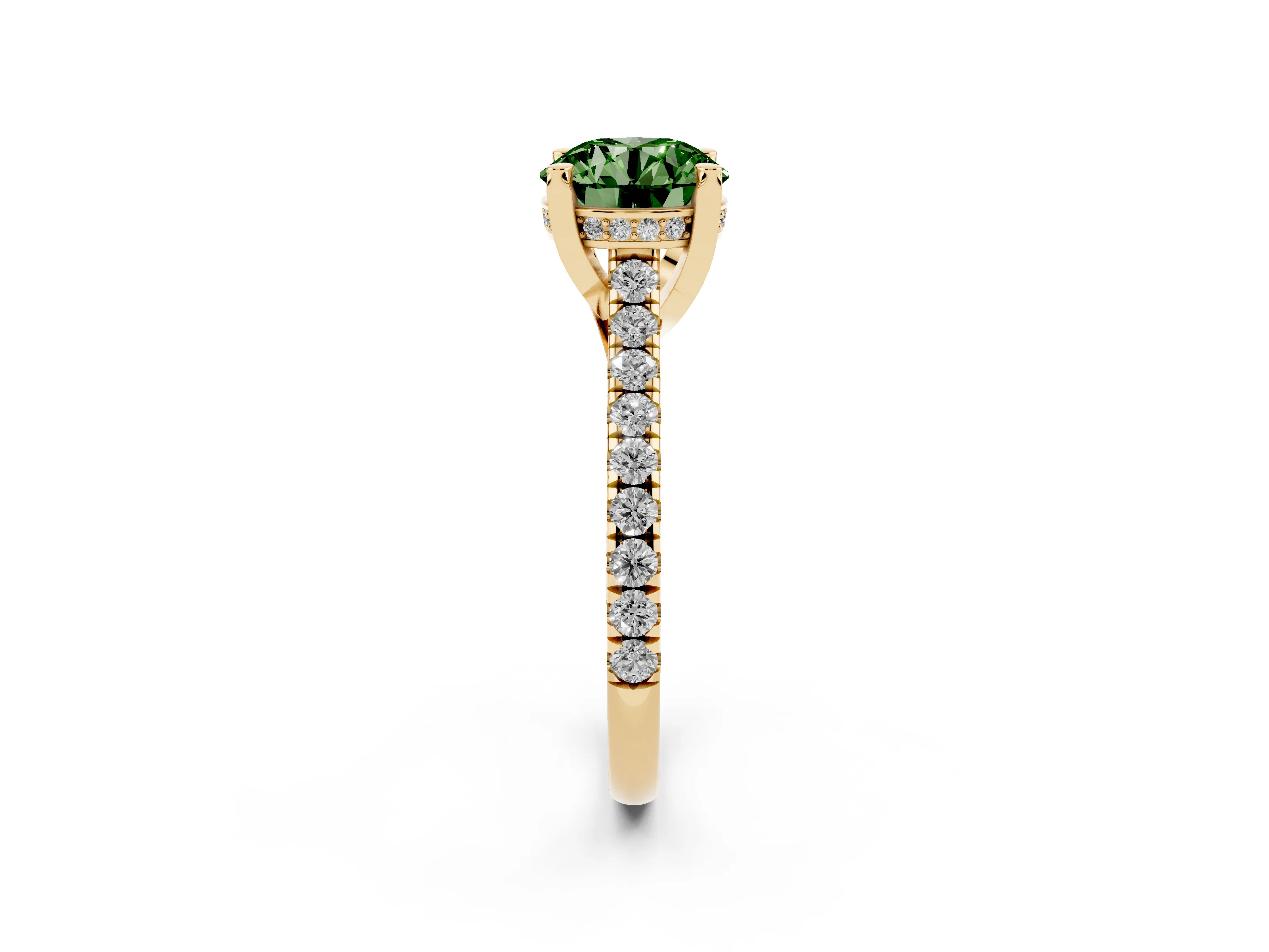 Fancy Green Round Cut Diamond Solitaire Ring Set in Yellow gold with Brilliant Pavé Band and Prong Setting