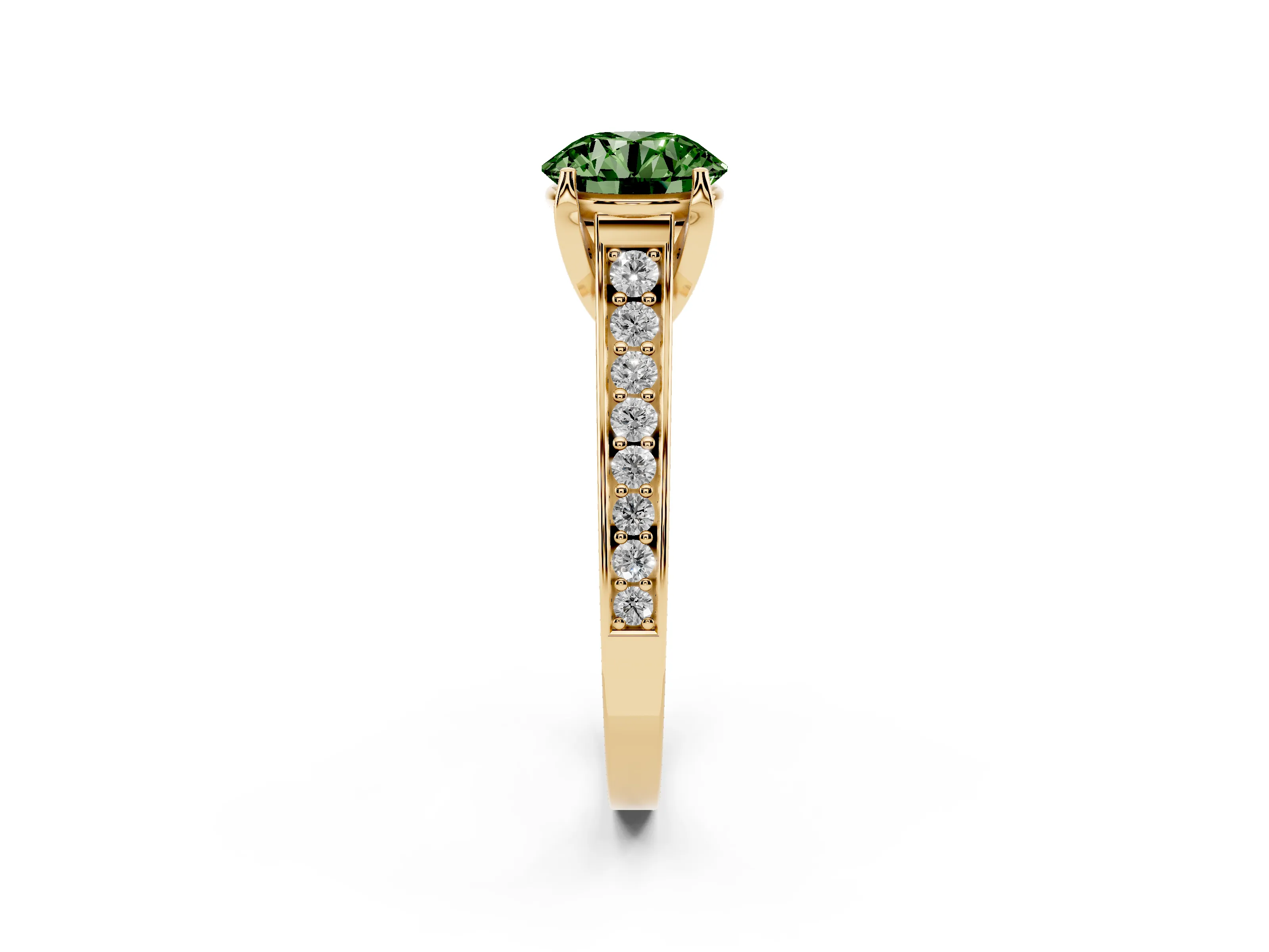 Fancy Green Round Cut Diamond Solitaire Pavé Engagement Ring Set in Yellow gold with Prong Setting