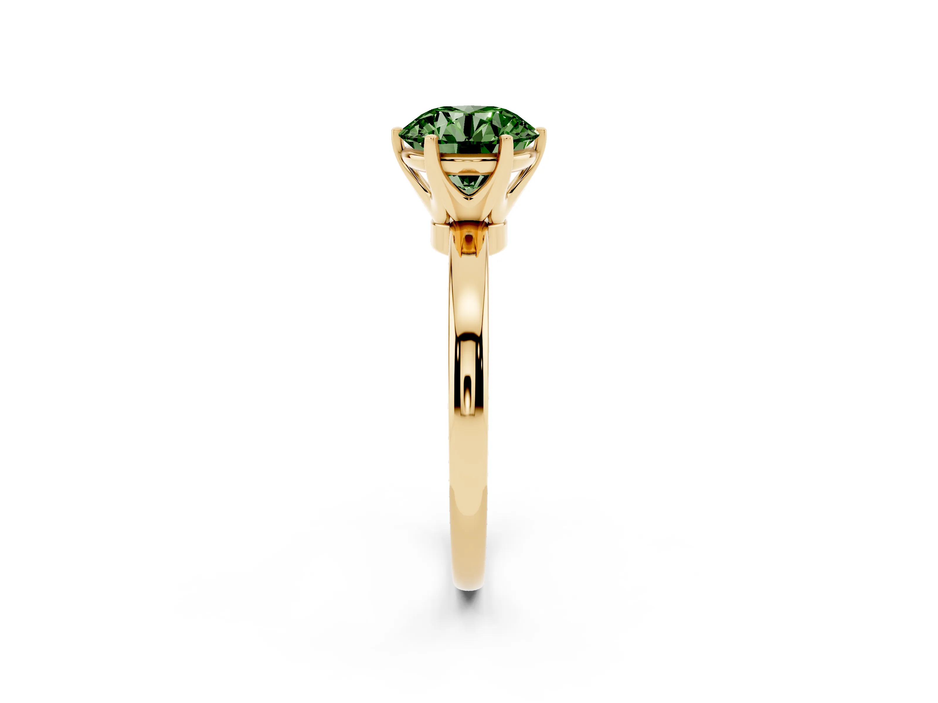 Fancy Green Round Cut Diamond Solitaire Ring Set in Yellow gold with Raised Prong Setting on a Classic Band