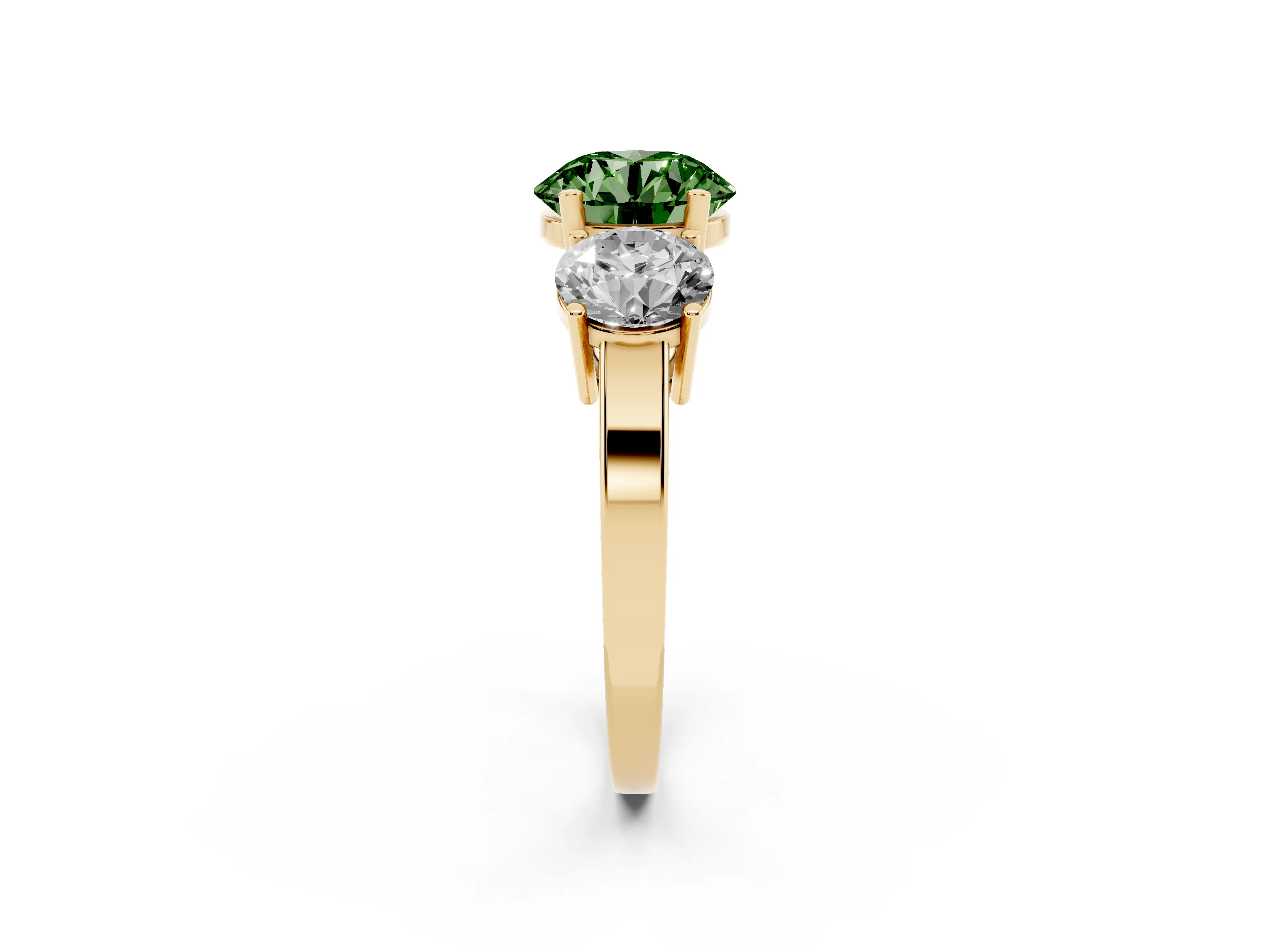 Fancy Green Round Cut Diamond Three-Stone Engagement Ring Set in Yellow gold with Flat Band
