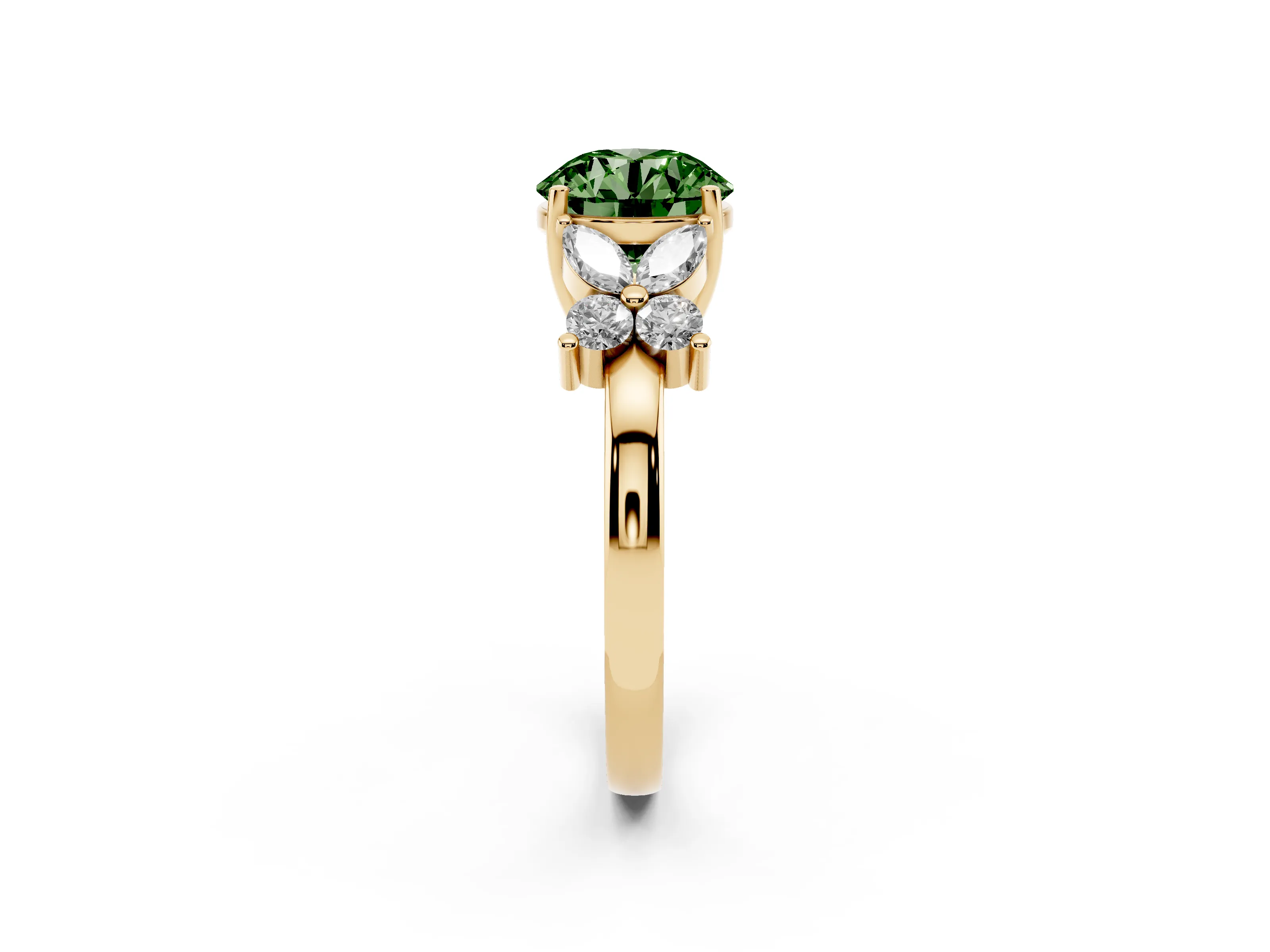 Fancy Green Round Cut Diamond Floral Cluster Ring Set in Yellow gold with Marquise Petals and Prong Setting
