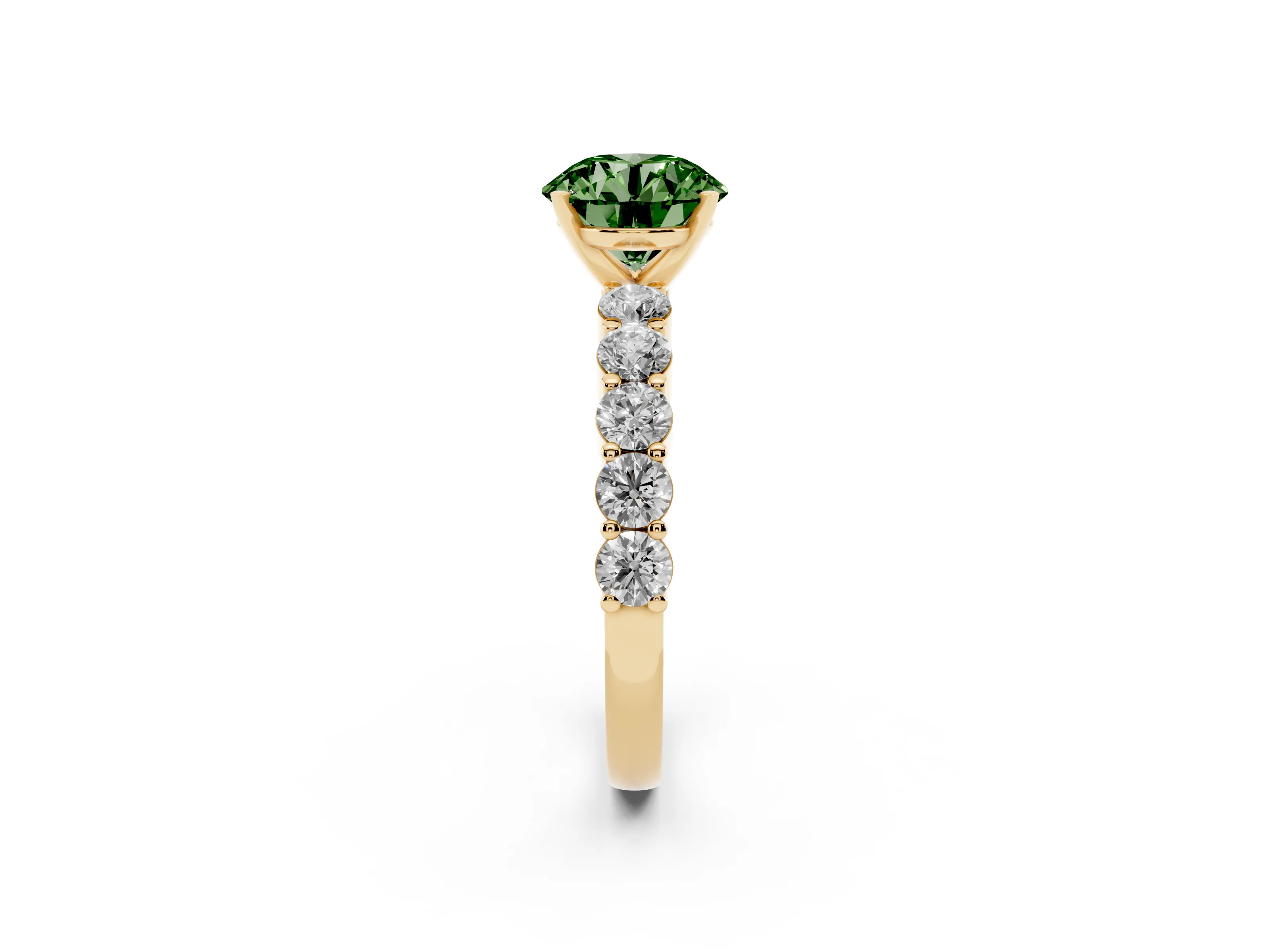 Fancy Green Round Cut Diamond Solitaire Ring Set in Yellow gold with Shared Prong Round Side Stones
