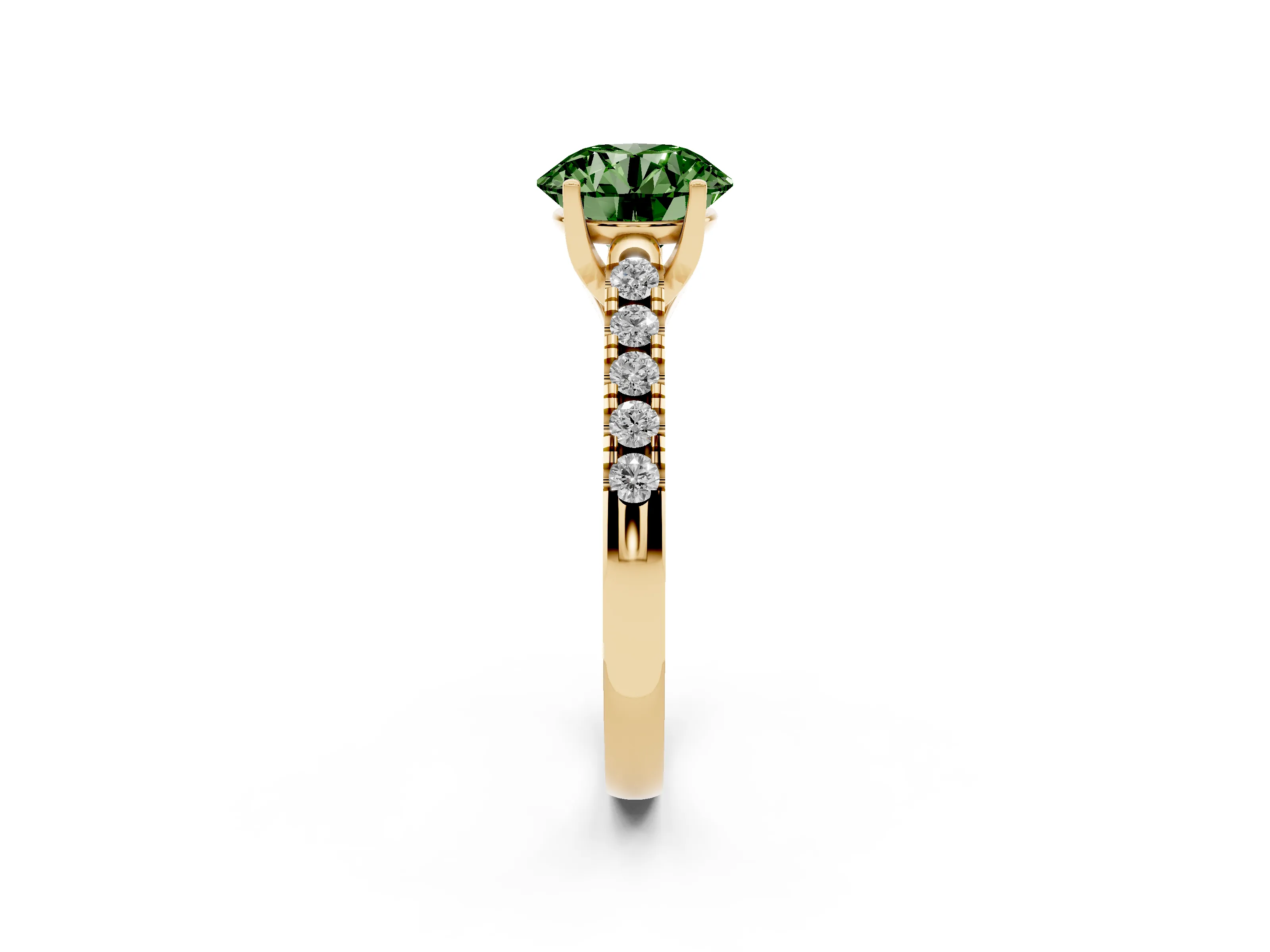Fancy Green Round Cut Diamond Pavé Band Solitaire Ring Set in Yellow gold with Partway Accent Stones and Prong Setting