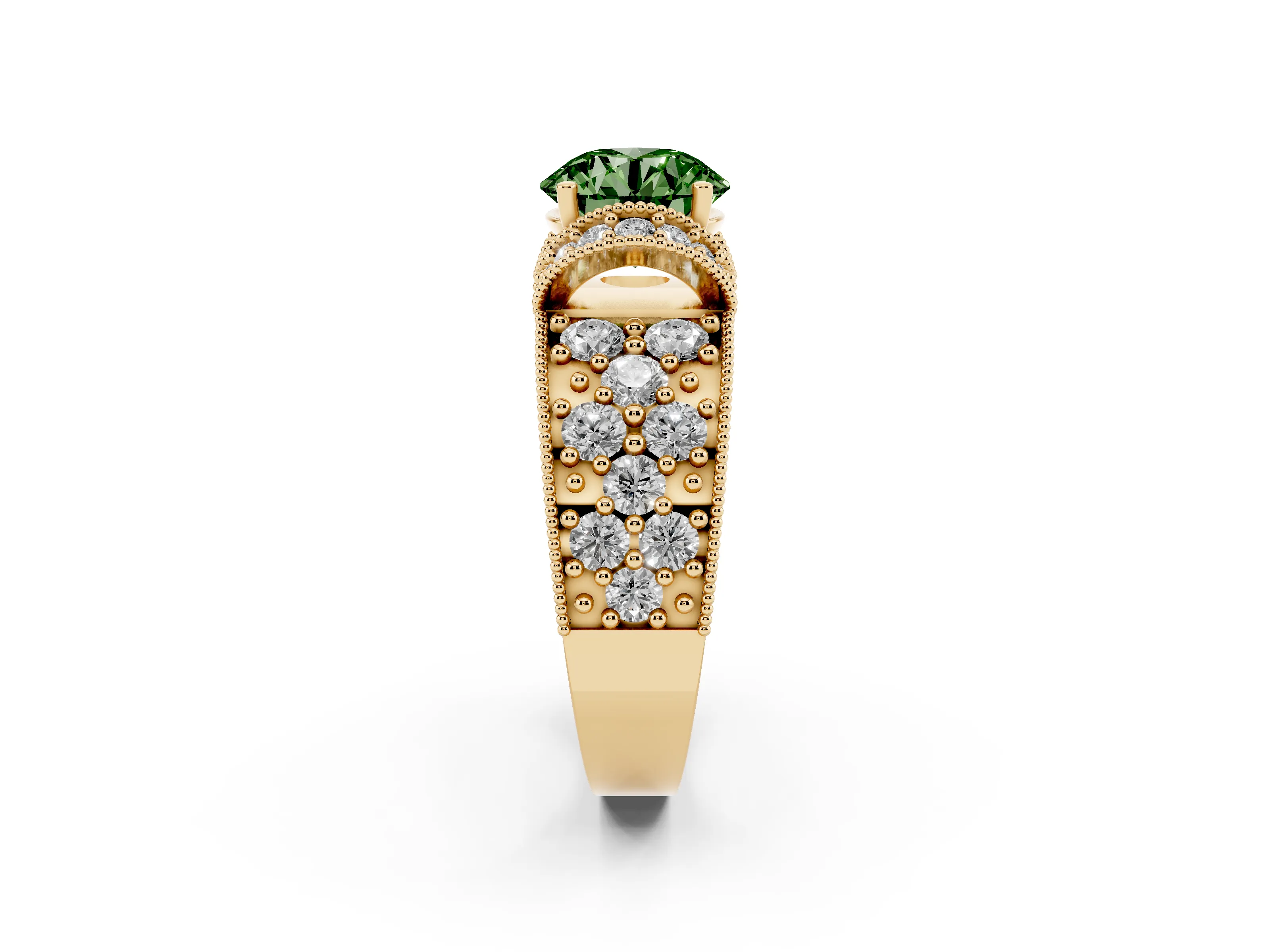 Fancy Green Round Cut Diamond Milgrain Halo Pavé Engagement Ring Set in Yellow gold with Prong Setting