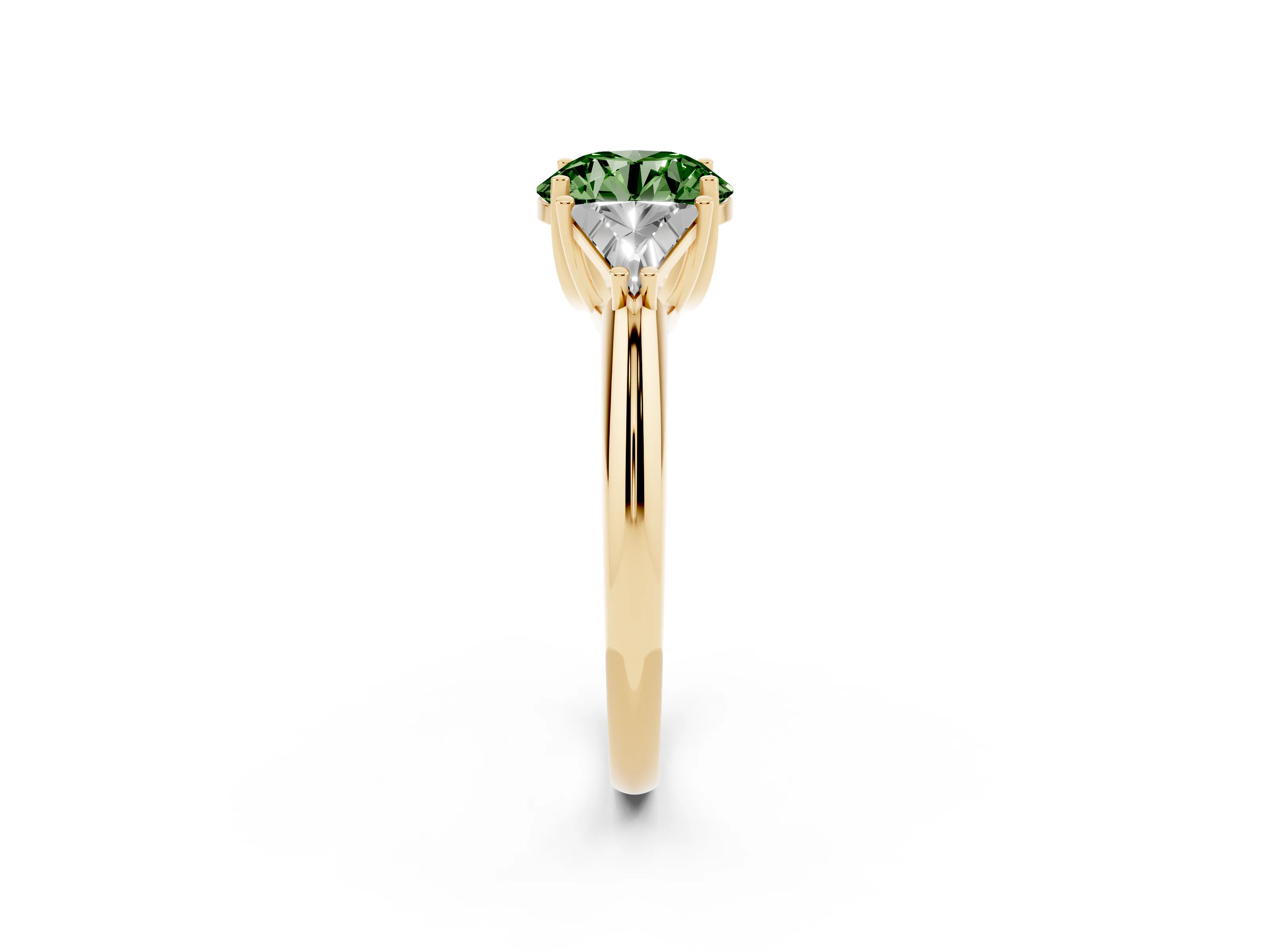 Fancy Green Round Cut Diamond Three-Stone Engagement Ring Set in Yellow gold with Trillion Side Stones