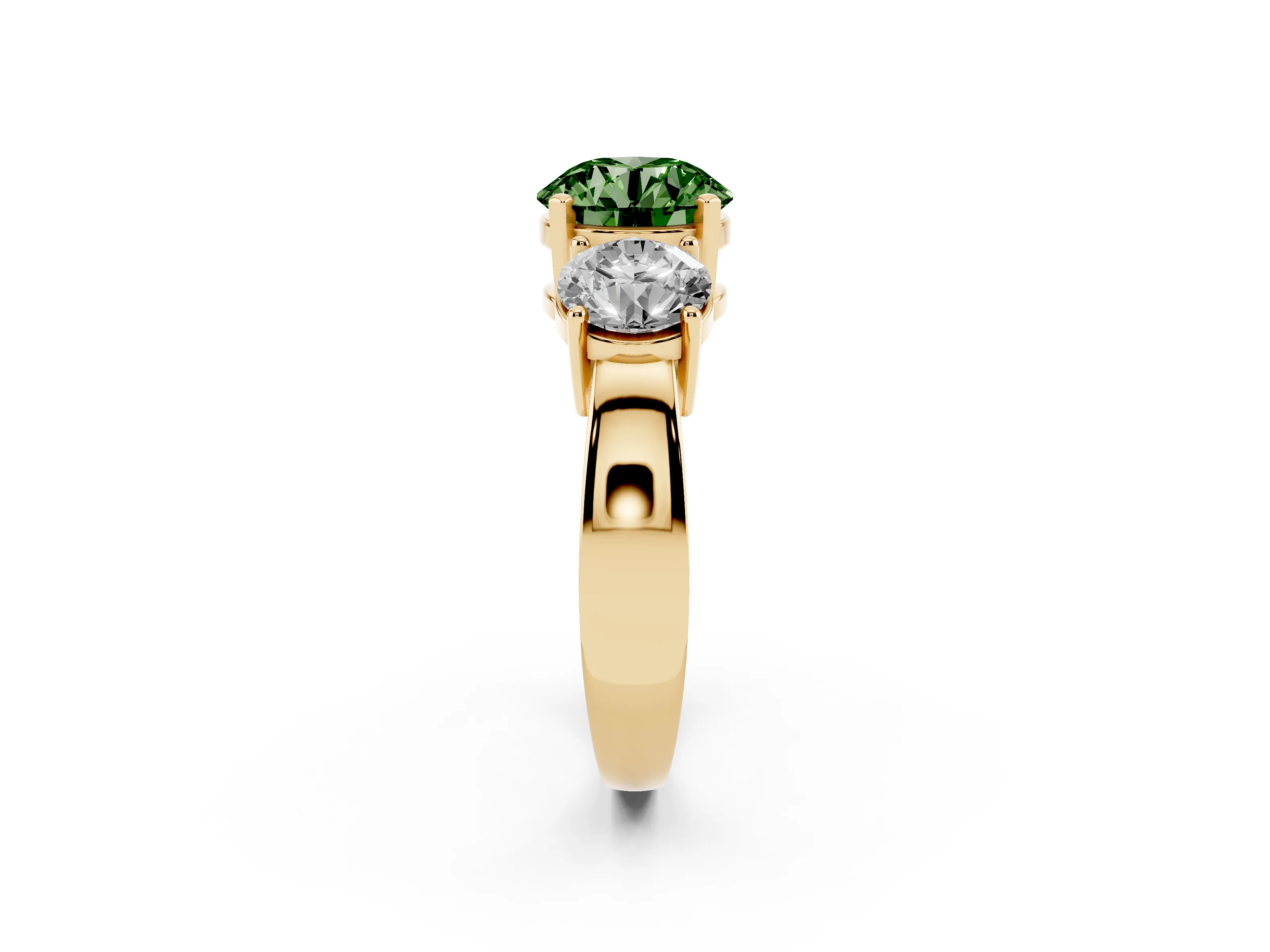 Fancy Green Round Cut Diamond Three-Stone Ring Set in Yellow gold with Round Side Stones and Classic Band
