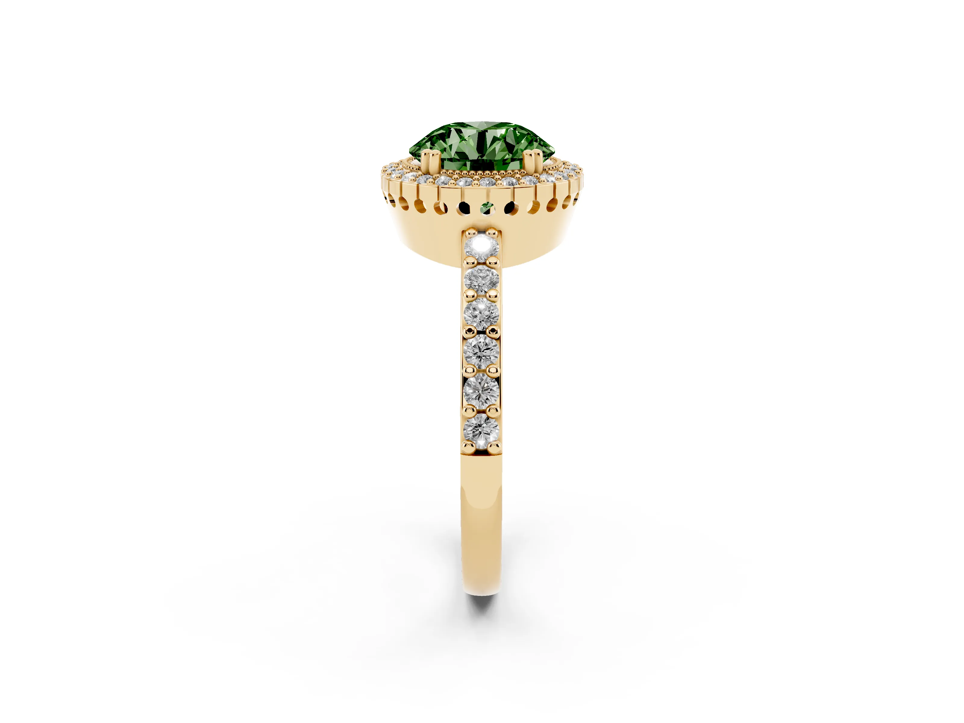 Fancy Green Round Cut Diamond Halo Engagement Ring Set in Yellow gold with Milgrain Detail and Pavé Band