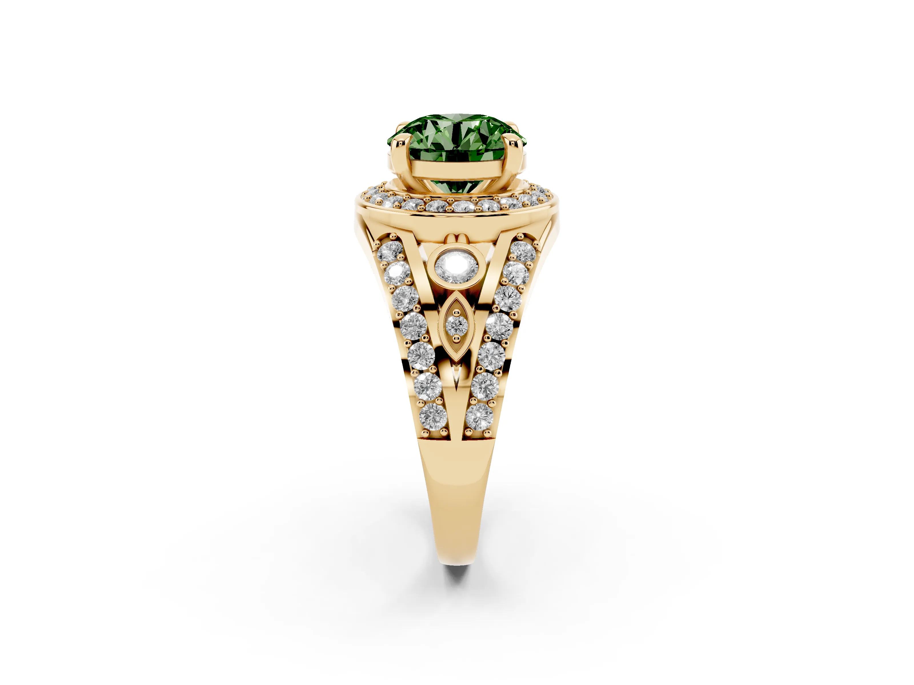 Fancy Green Round Cut Diamond Halo Ring Set in Yellow gold with Pavé Split Shank and Bezel Accents